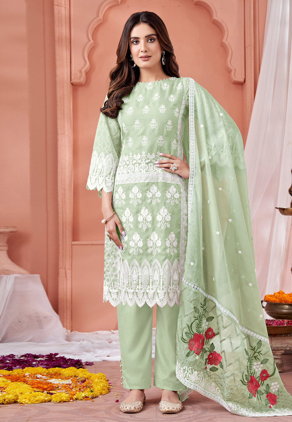 Cotton Silk Party Wear Ladies Pista Green Embroidery Suit at Rs 1195/piece  in Ahmedabad