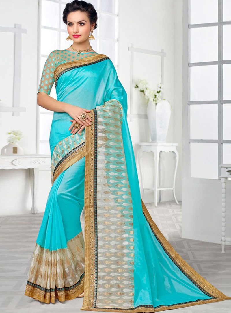 Aqua Banarasi Kora Silk Saree With Blouse 74905
