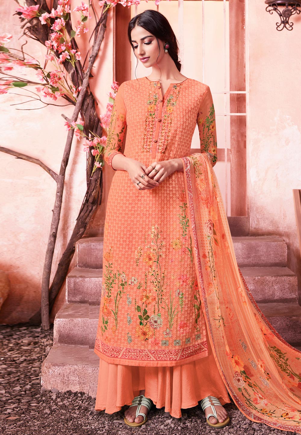 Peach Georgette Palazzo Suit 211455