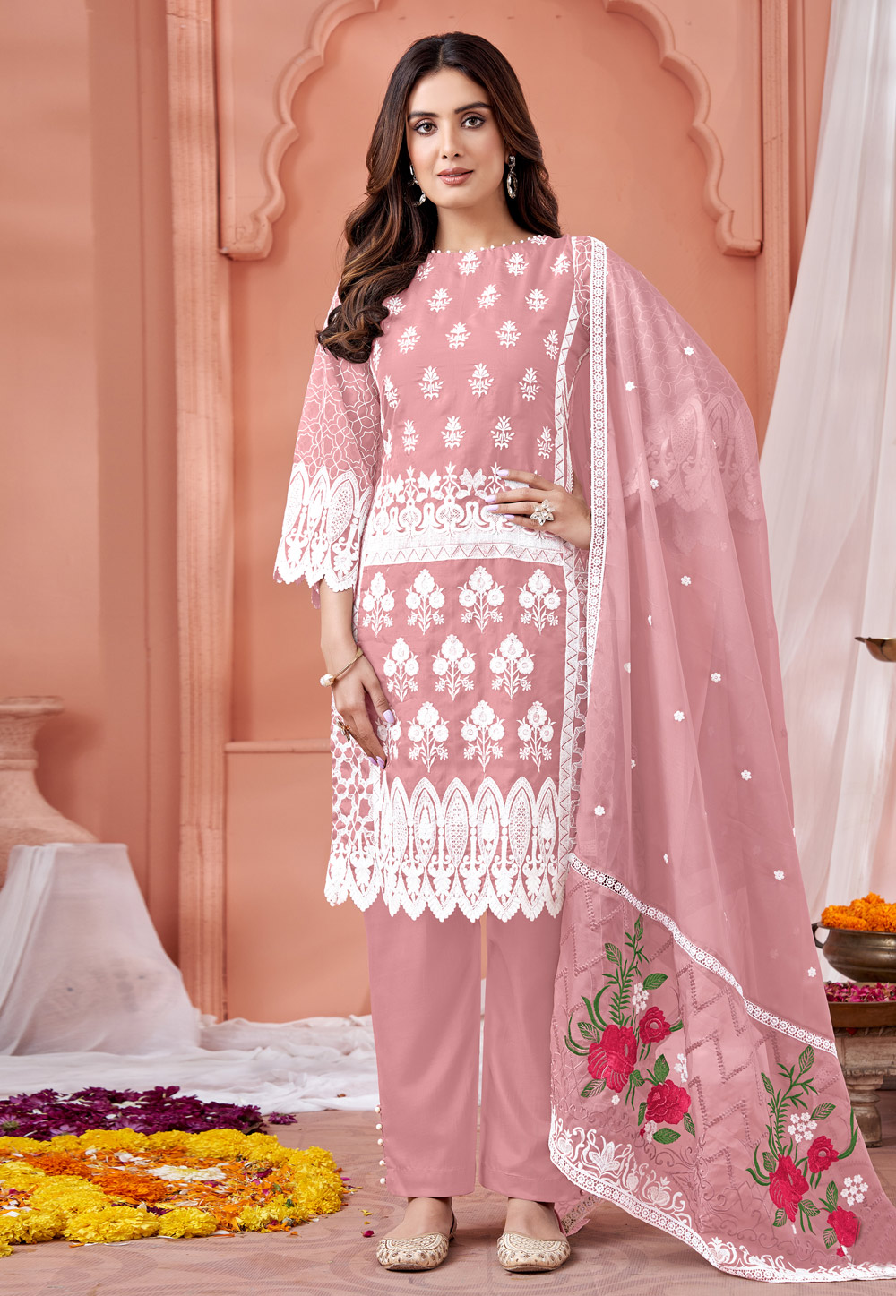 Pink Organza Straight Suit 270693