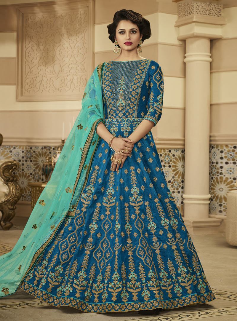 Blue Silk Floor Length Anarkali Suit 147554
