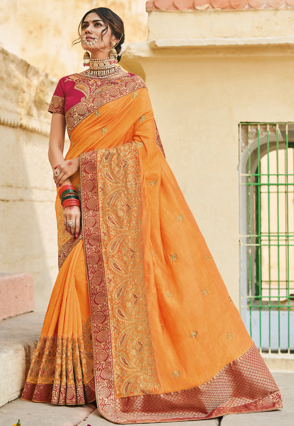 Mustard Cotton Embroidered Saree With Blouse 176862
