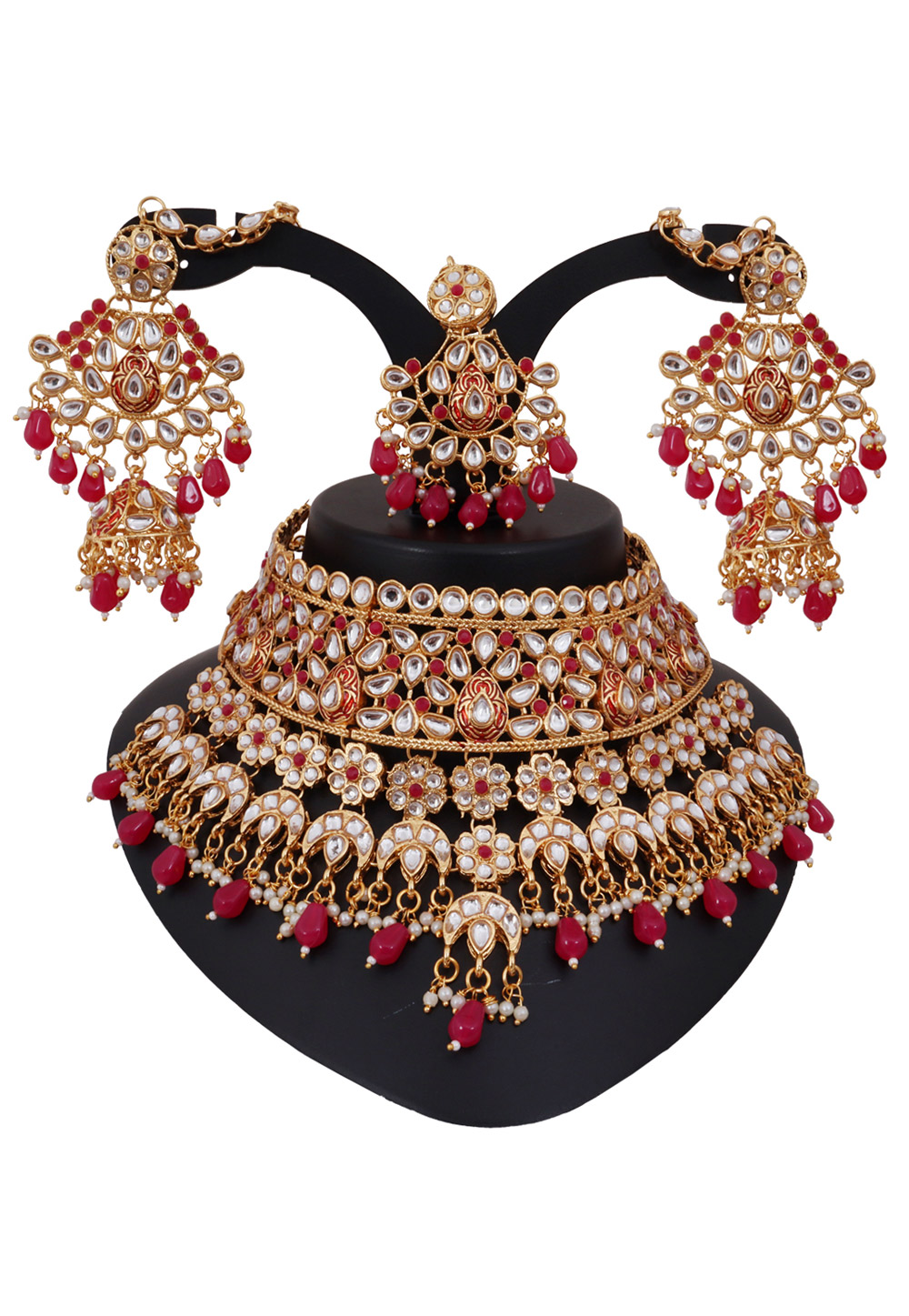 Maroon Alloy Austrian Diamonds and Kundan Necklace Set With Earrings and Maang Tikka 272608