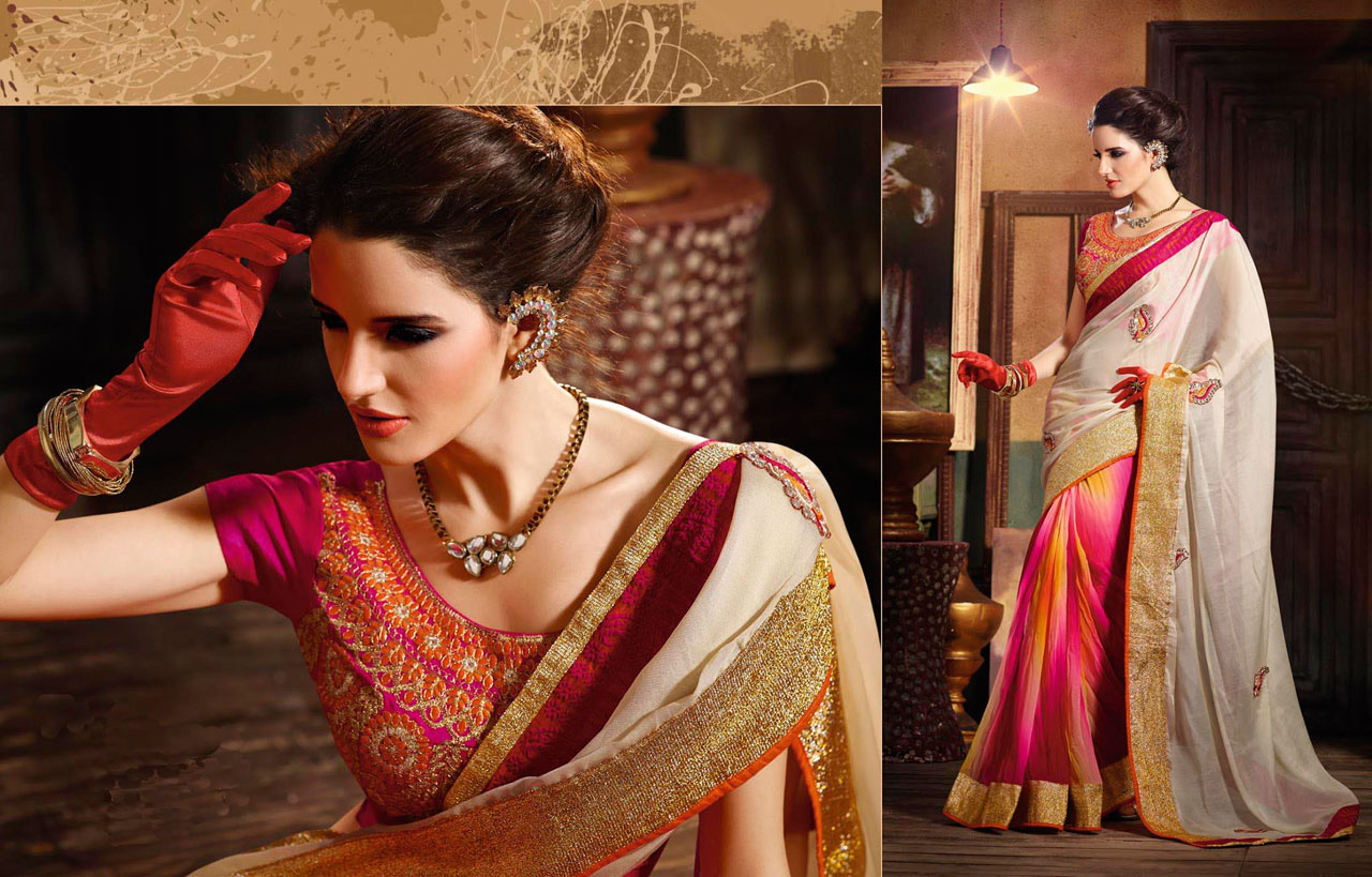 Off White Georgette Embroidery Wedding Saree 42733