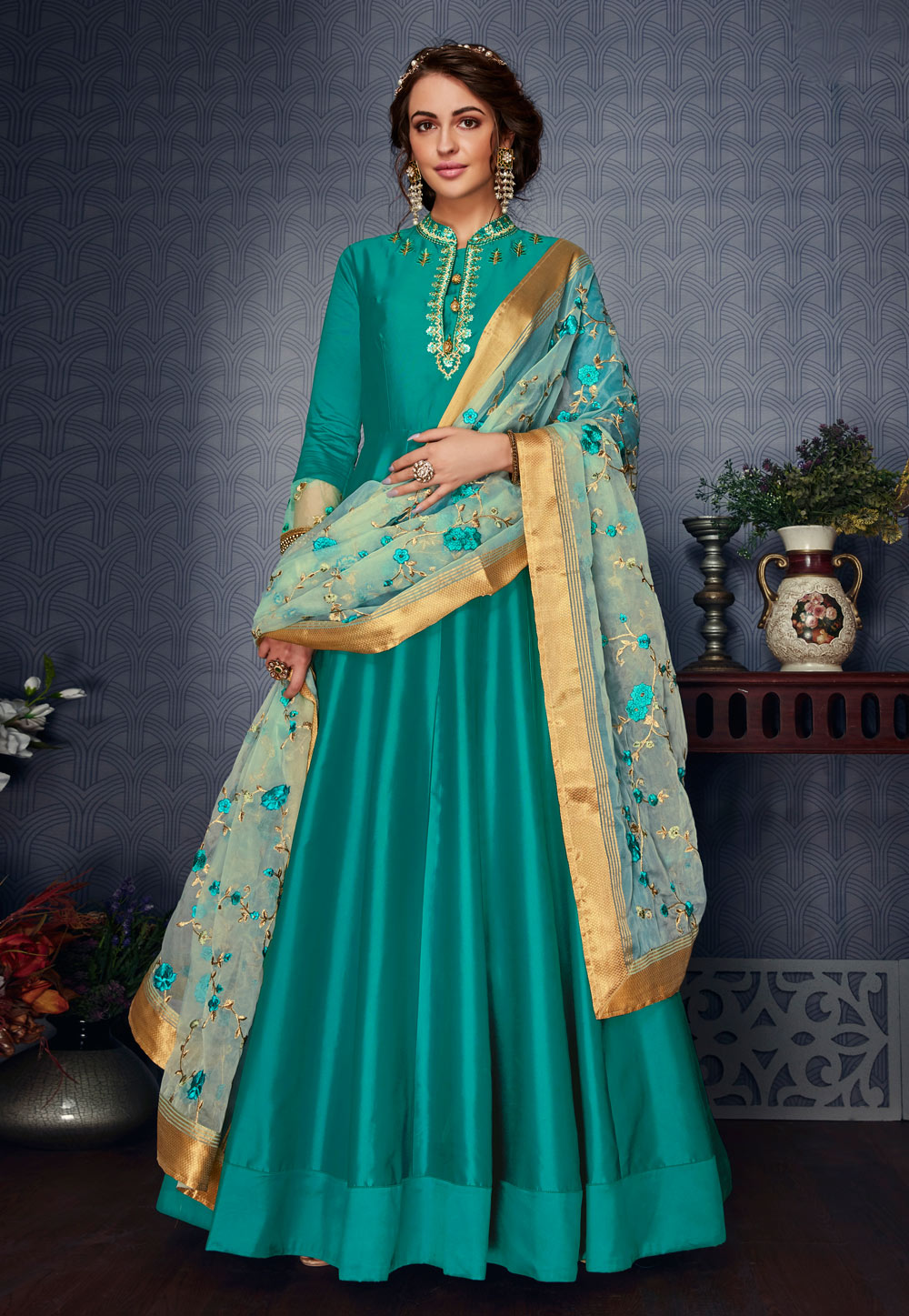 Aqua Satin Silk Long Anarkali Suit 154141