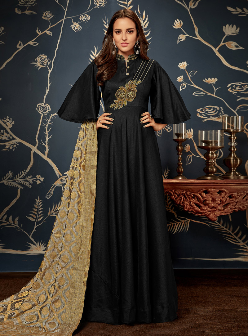 Black Taffeta Readymade Anarkali Suit 146550