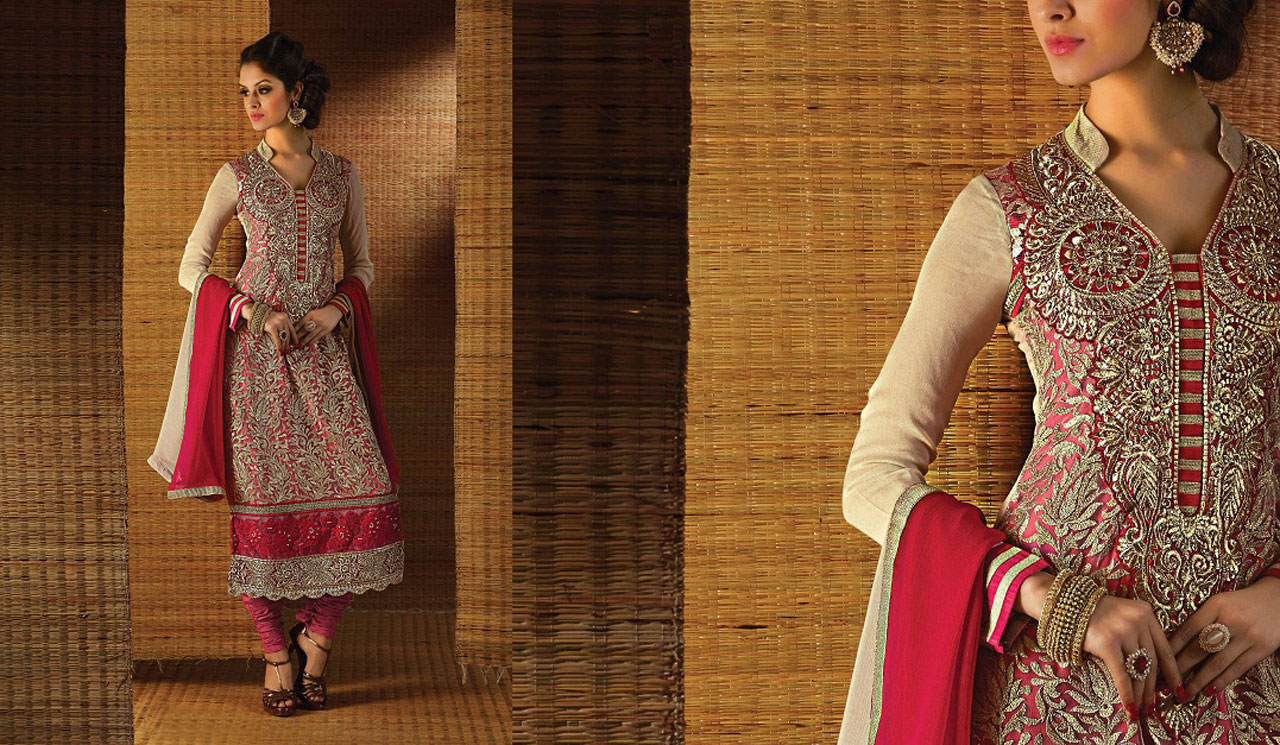 Cherry Red Georgette Embroidery Churidar Suit 43442