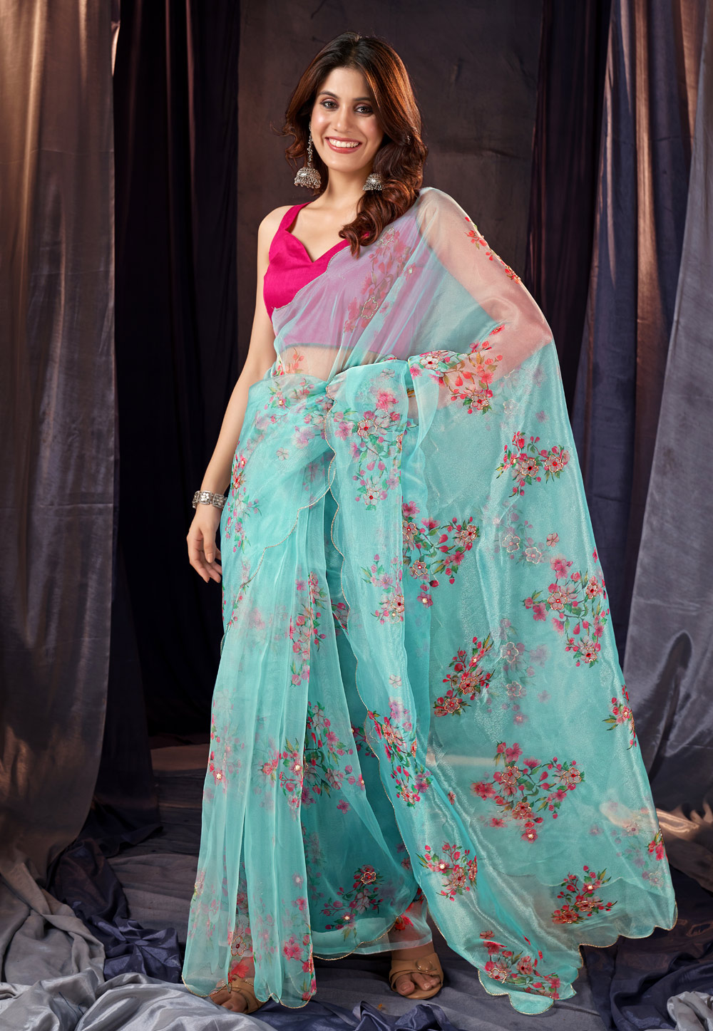 Sky Blue Organza Saree With Blouse 265584