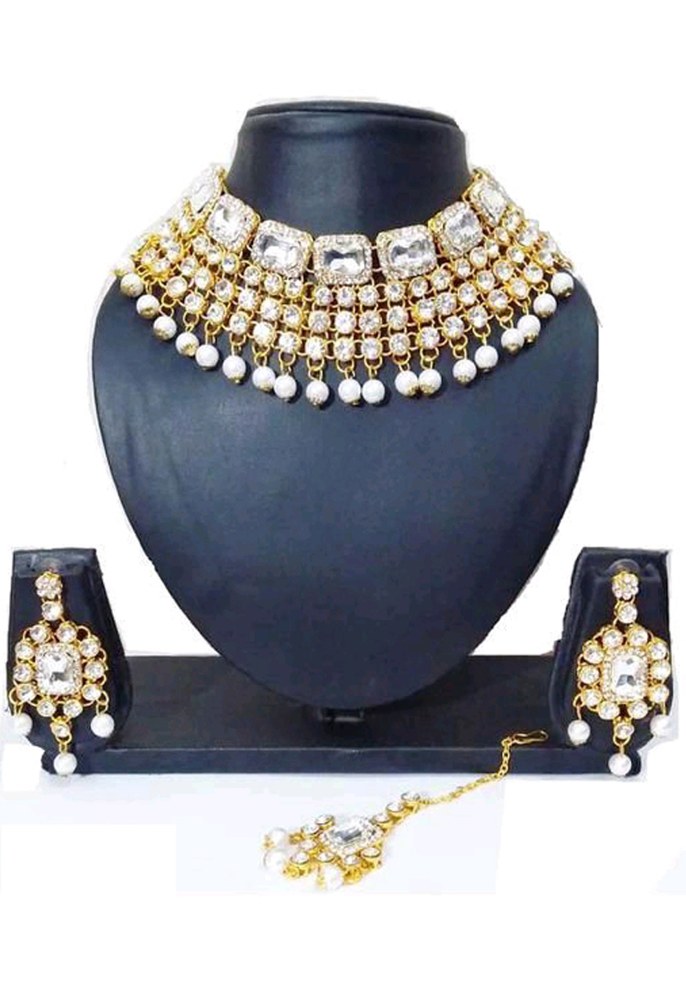 White Alloy Austrian Diamond Necklace Set Earrings 191643