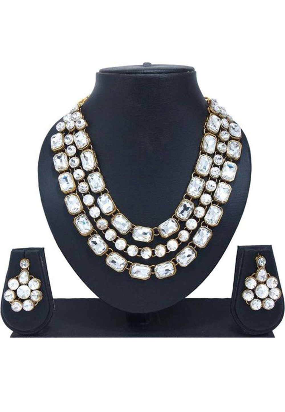 White Alloy Austrian Diamond Necklace Set Earrings 191644