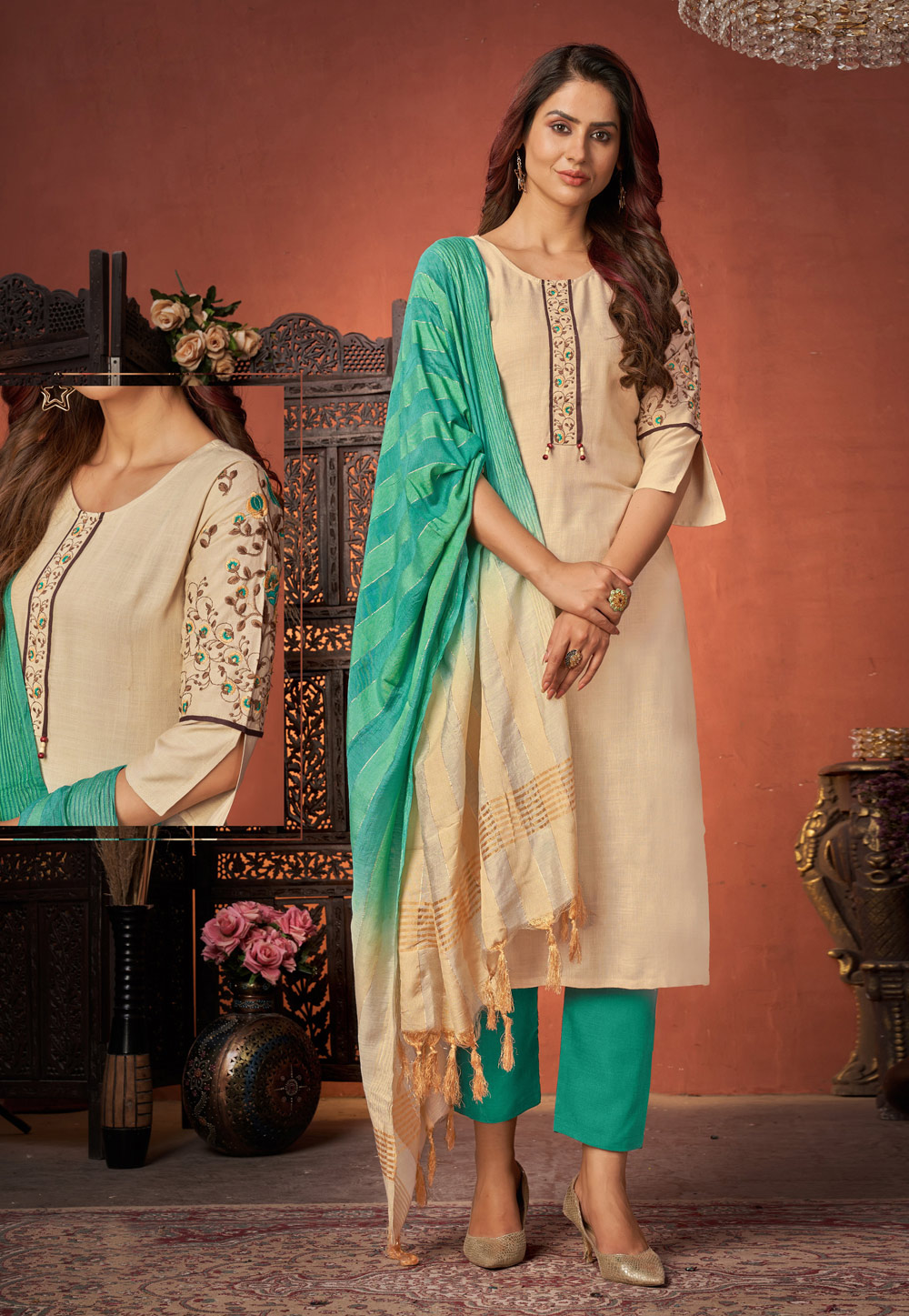 Beige Rayon Readymade Kameez With Pant 235606