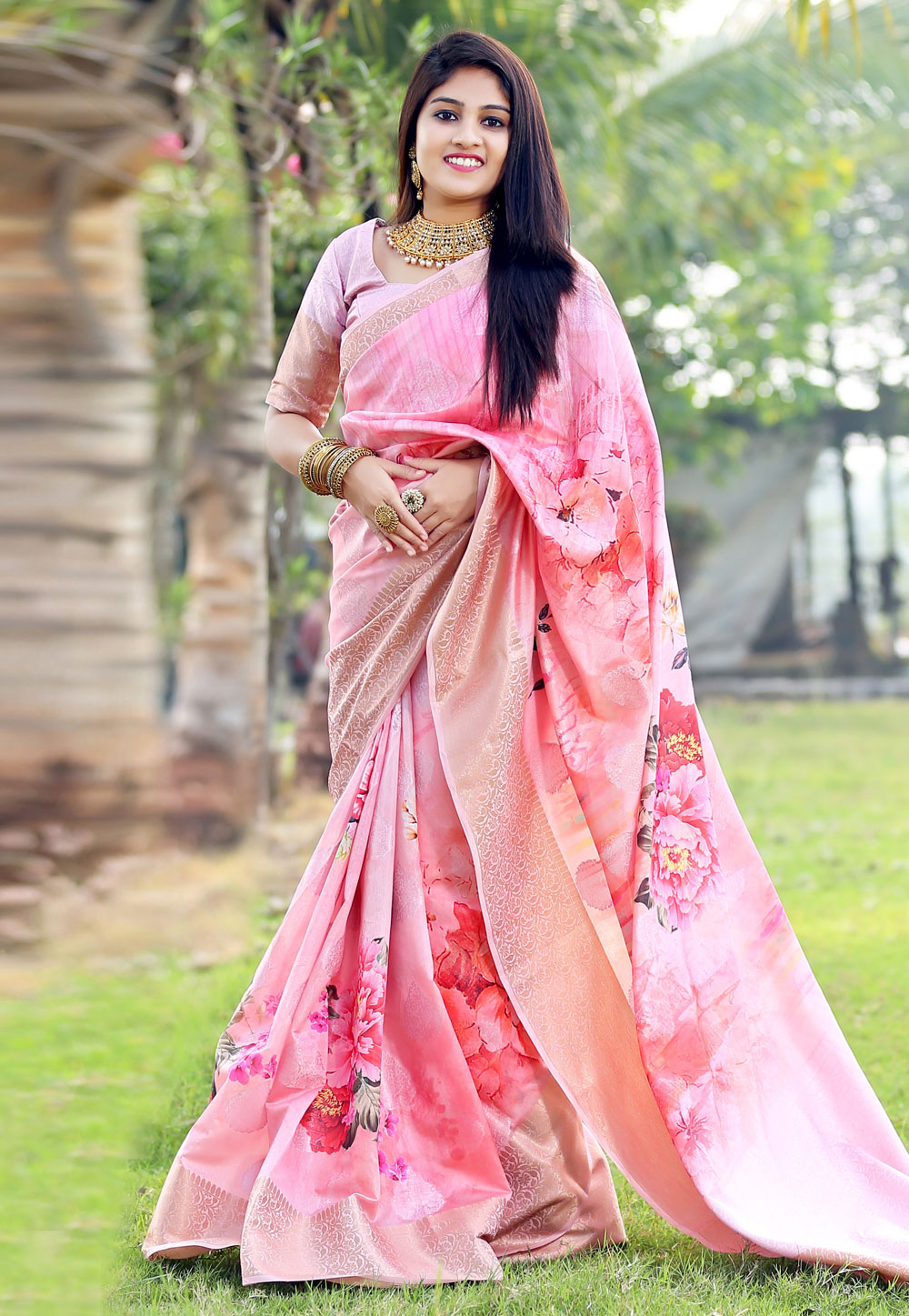 Pink Jacquard Saree With Blouse 216631