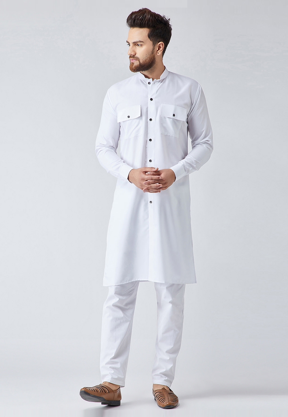 White Cotton Readymade Kurta Pajama 213637