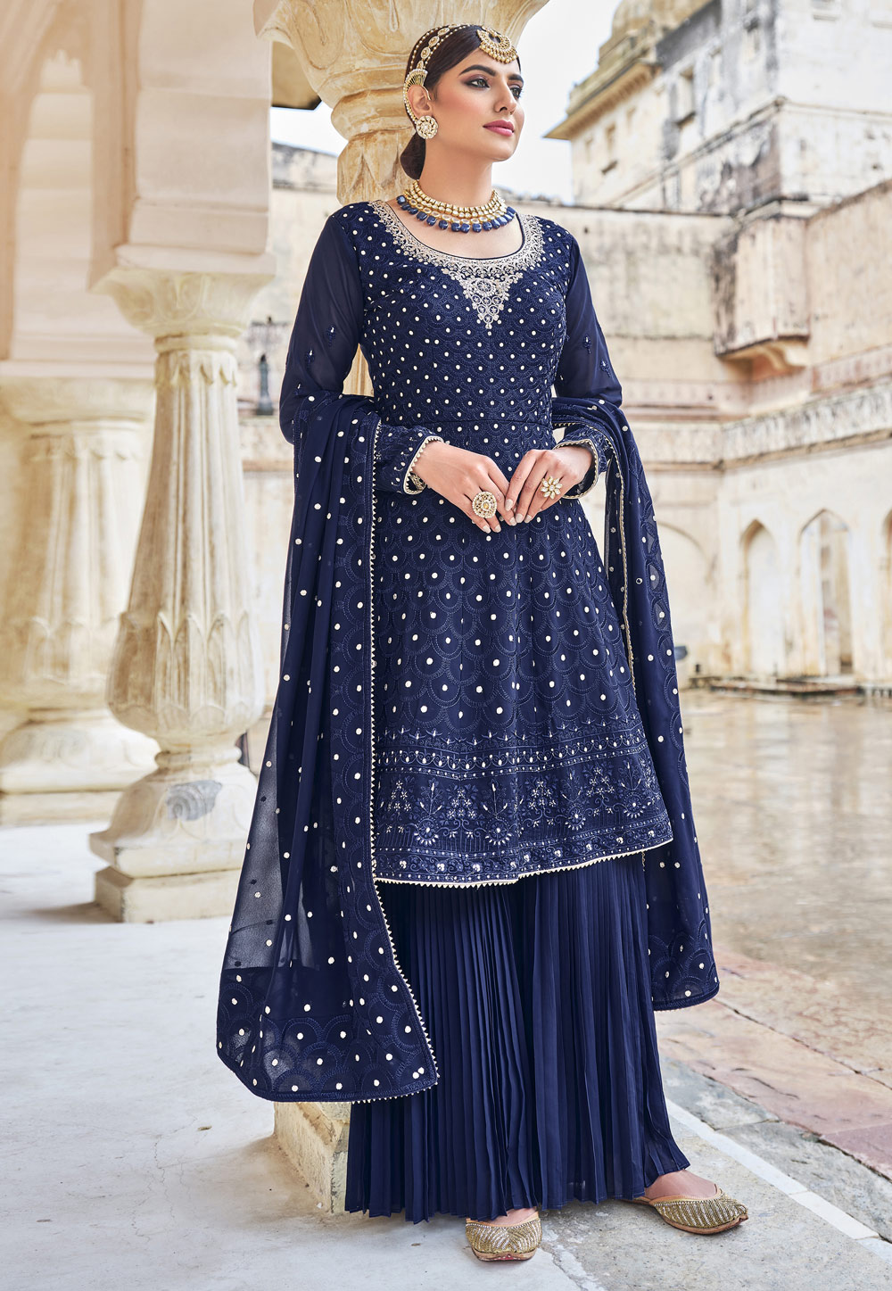 Navy Blue Georgette Embroidered Sharara Suit 233036