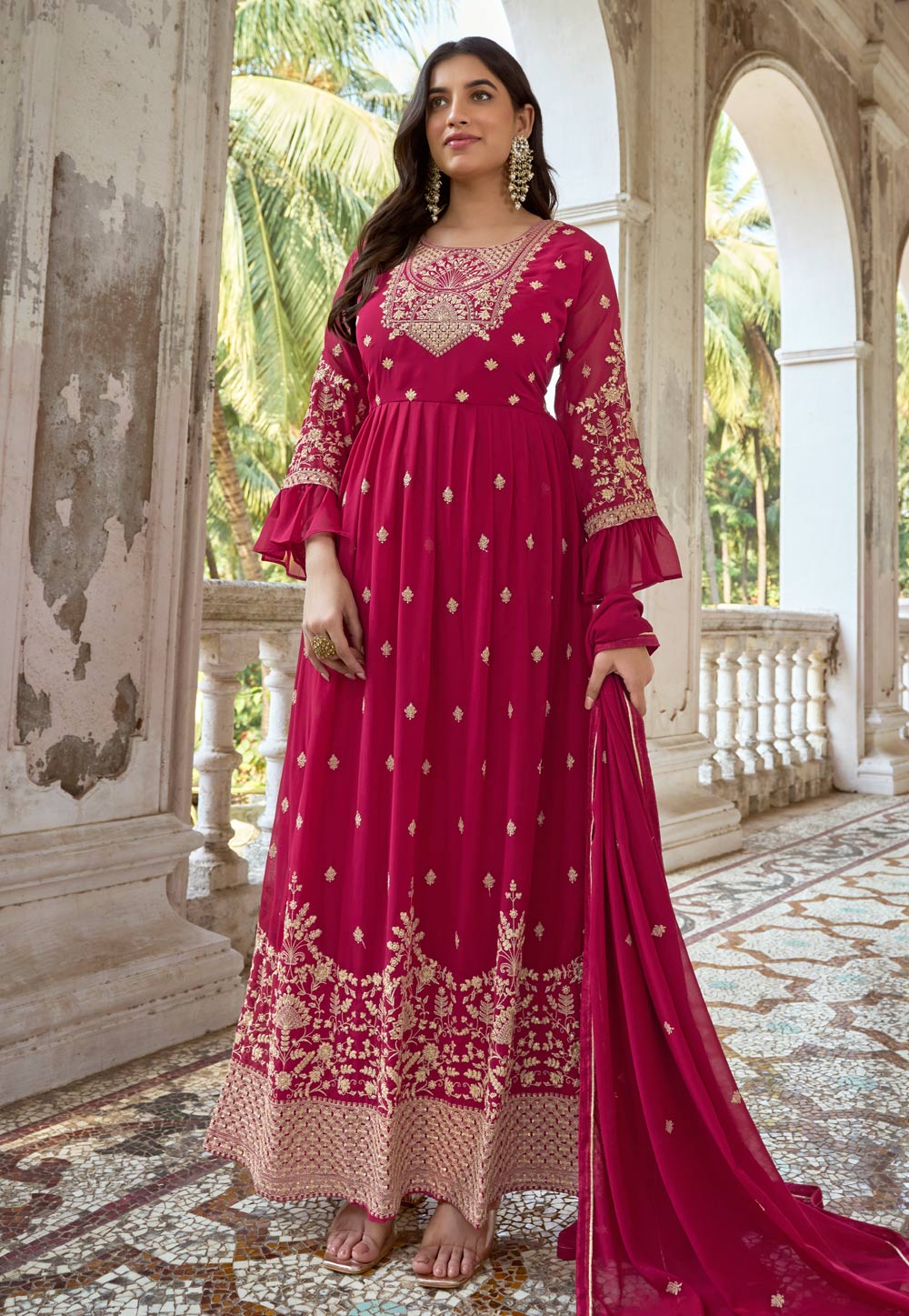 Pink Faux Georgette Plain Anarkali With Palazzo