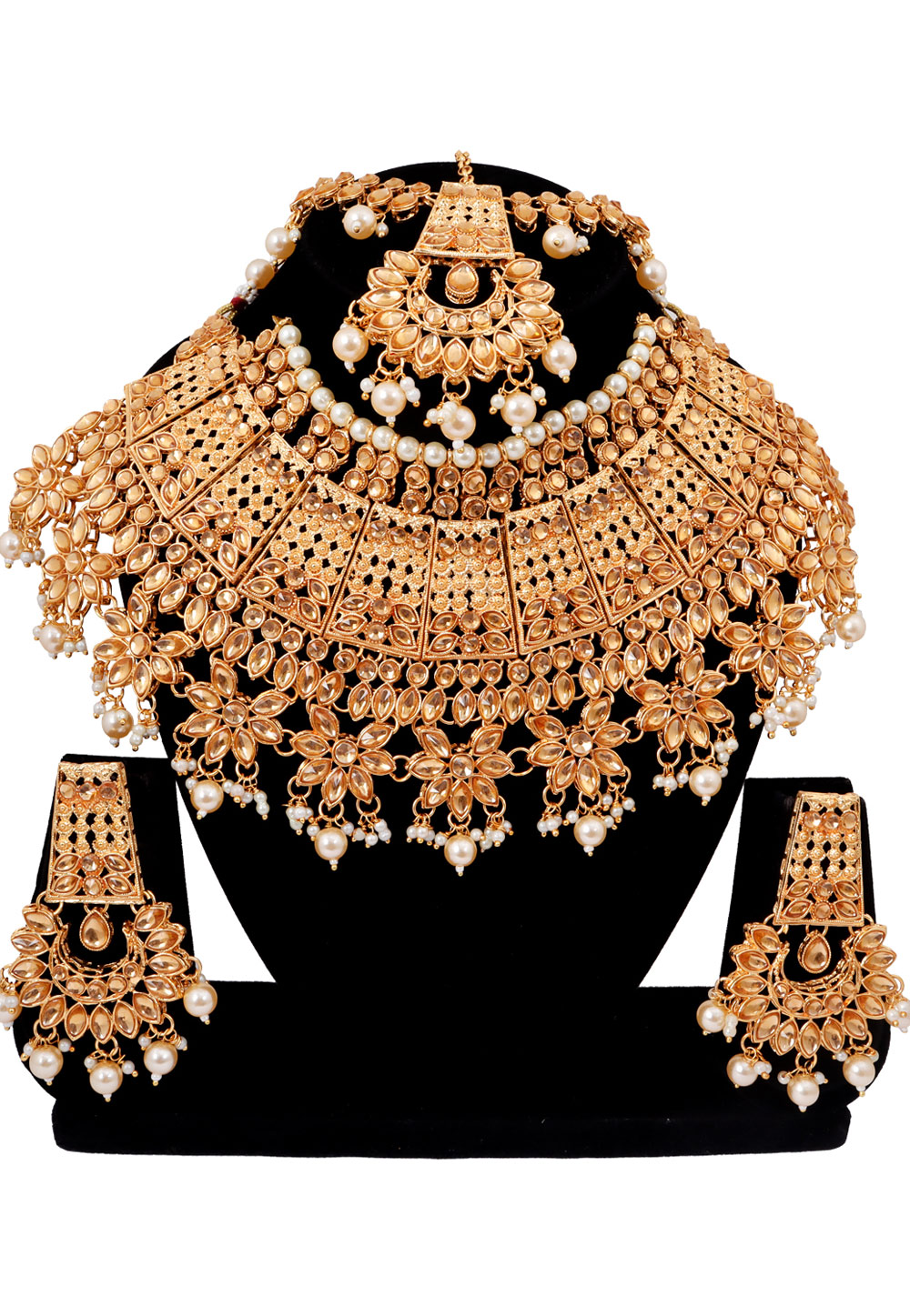 Golden Alloy Austrian Diamonds and Kundan Necklace Set With Earrings and Maang Tikka 272609