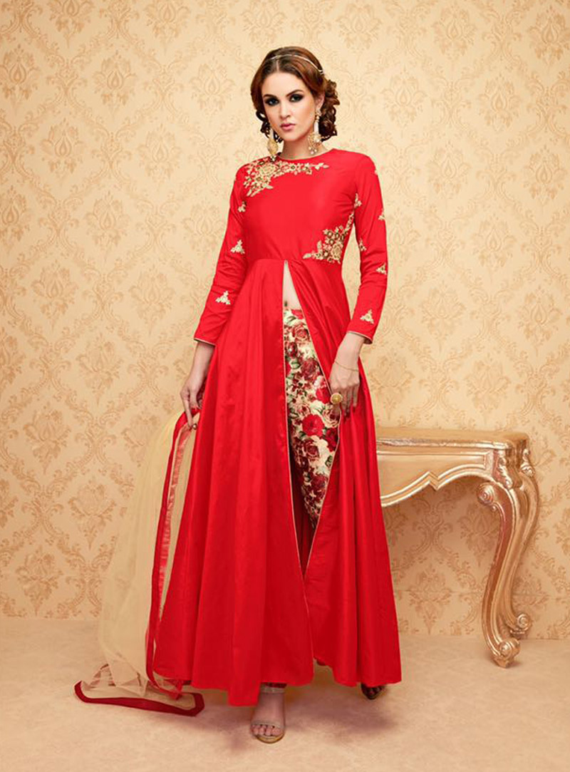 Red Banglori Silk Center Slit Pant Style Suit 85261