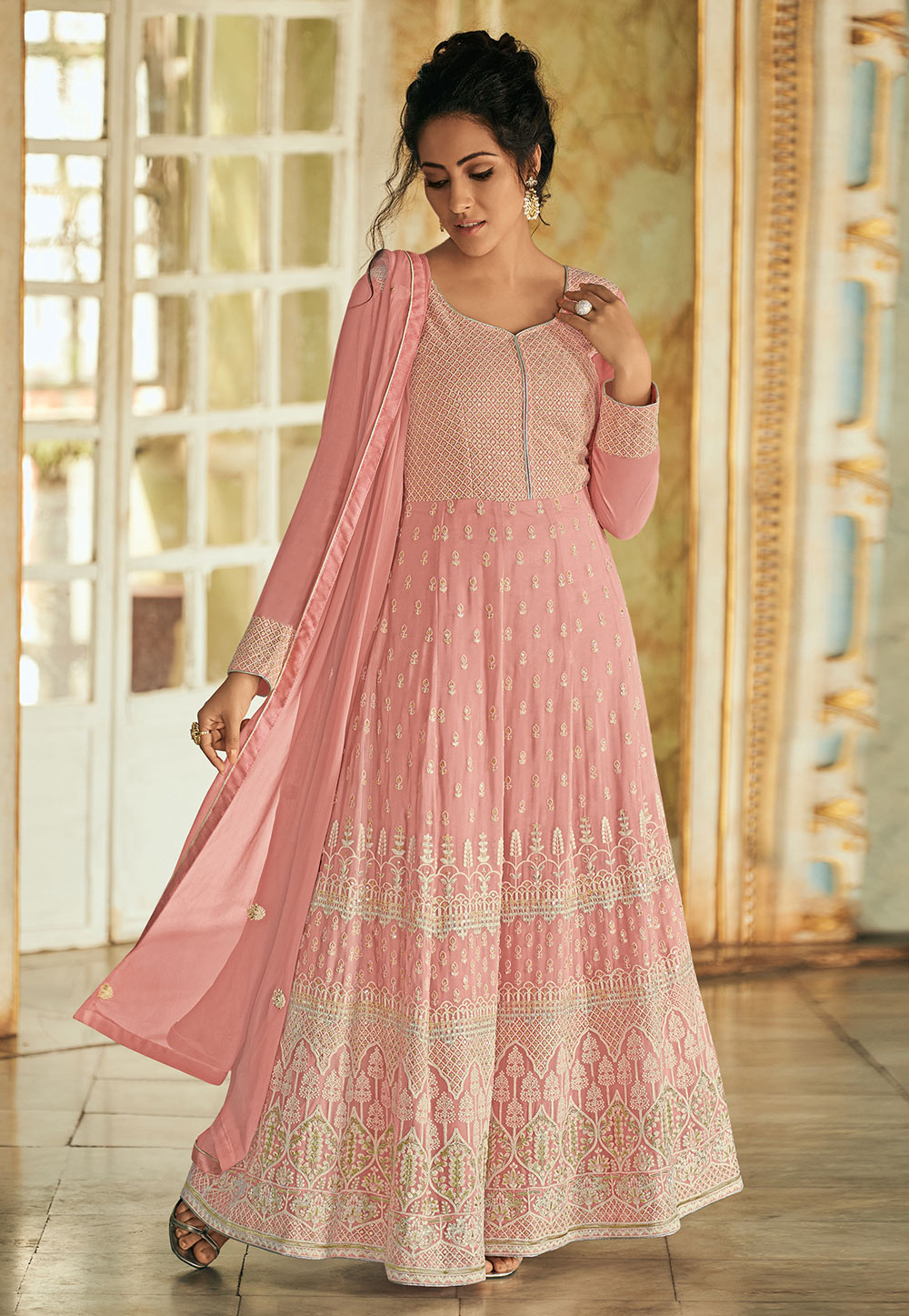 Pink Georgette Abaya Style Anarkali Suit 217409