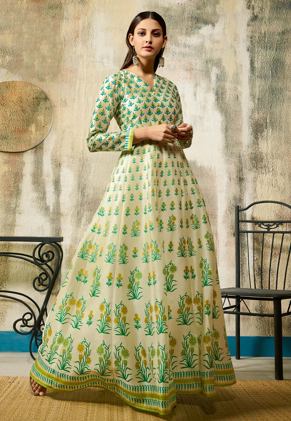 Cream Chanderi Readymade Gown 185324