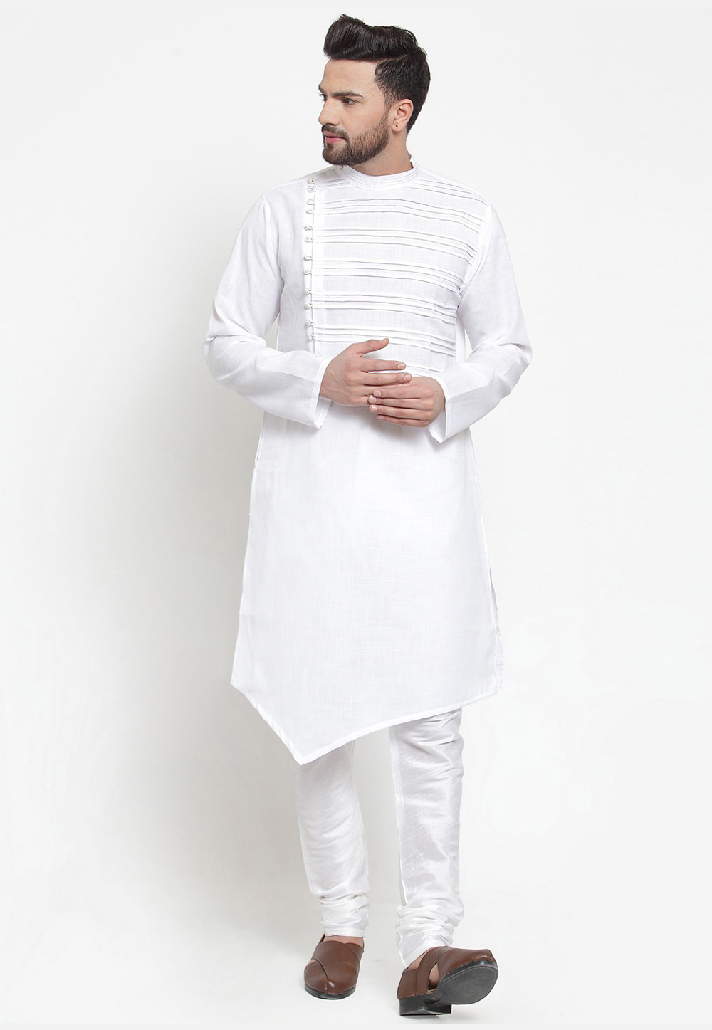 White Cotton Readymade Kurta Pajama 213638