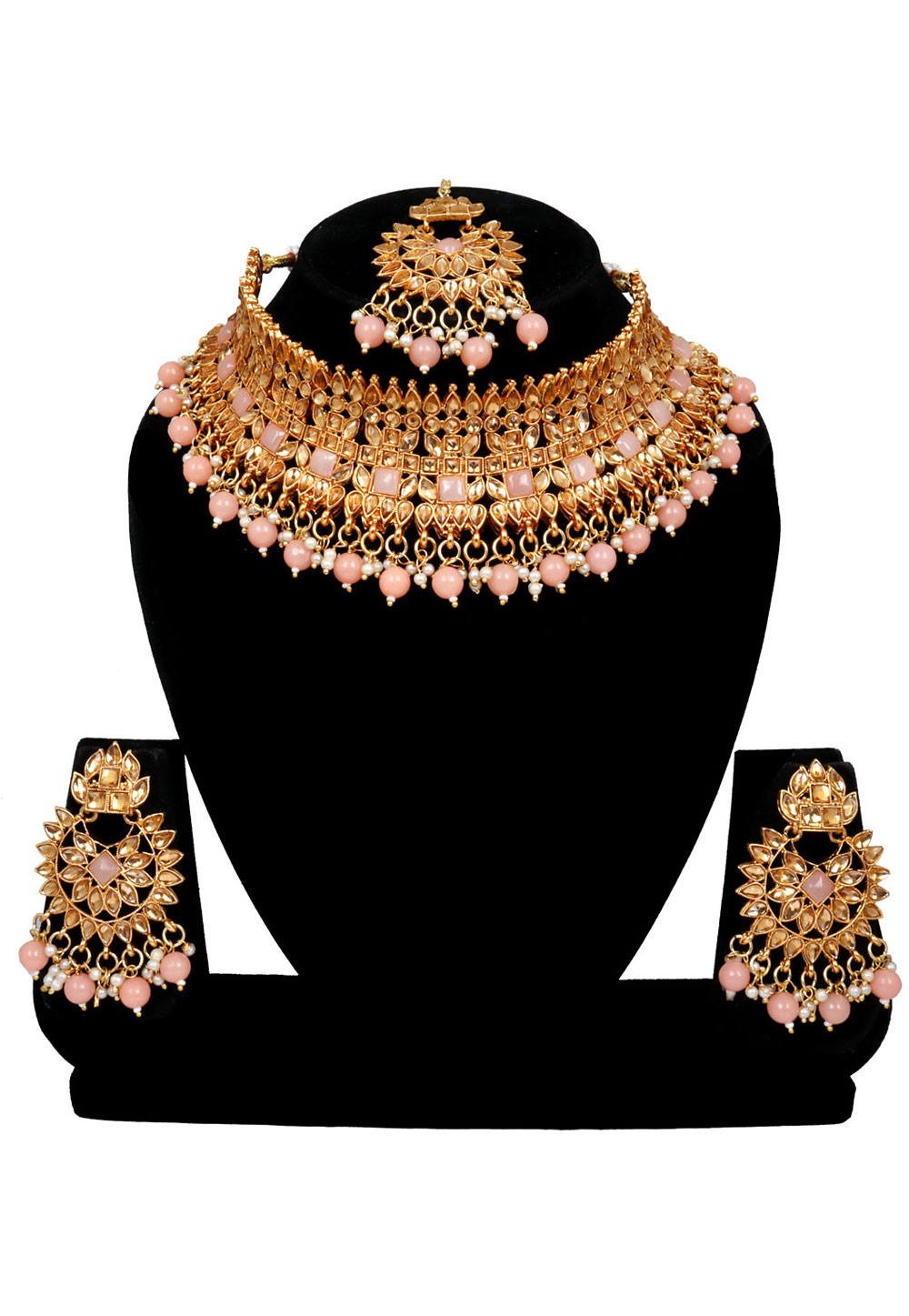 Peach Alloy Austrian Diamonds and Kundan Necklace Set With Earrings and Maang Tikka 272610