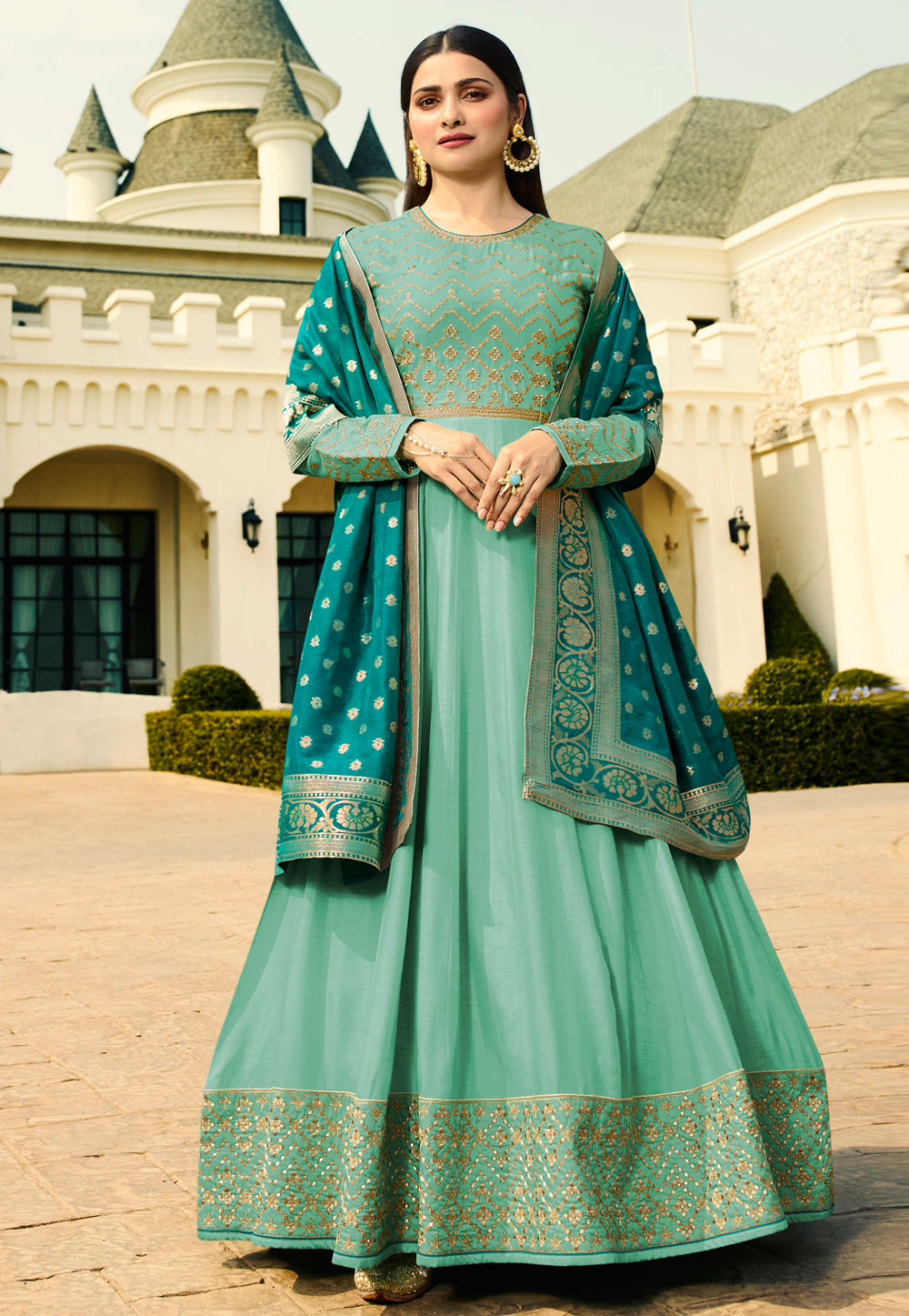 Prachi Desai Sea Green Silk Embroidered Ankle Length Anarkali Suit 166595