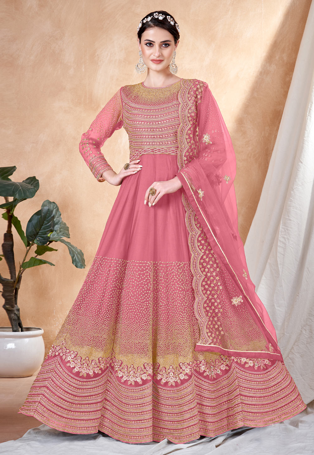 Pink Net Long Anarkali Suit 273419