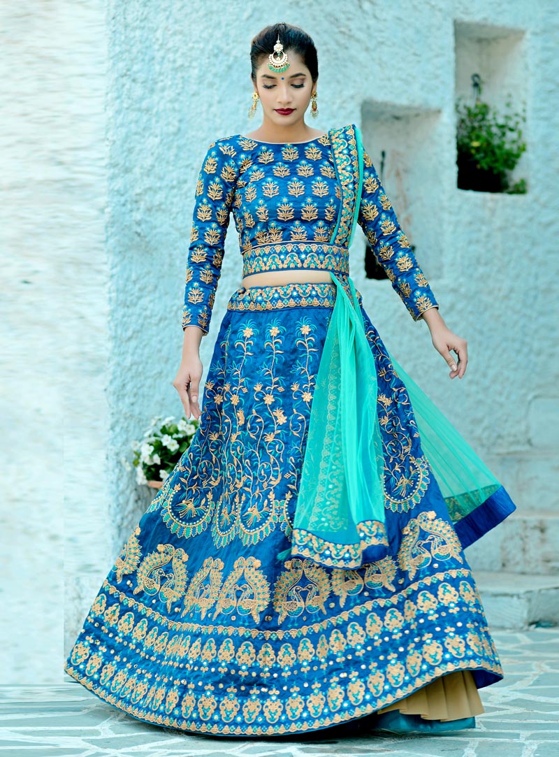 Blue Silk Embroidered Lehenga Choli 153695