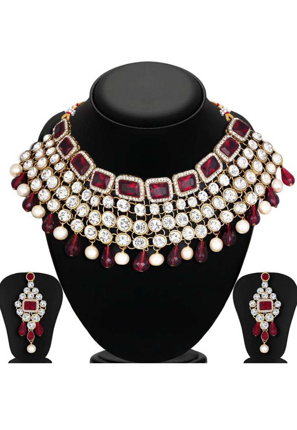 Red Alloy Austrian Diamond Necklace Set Earrings 191660