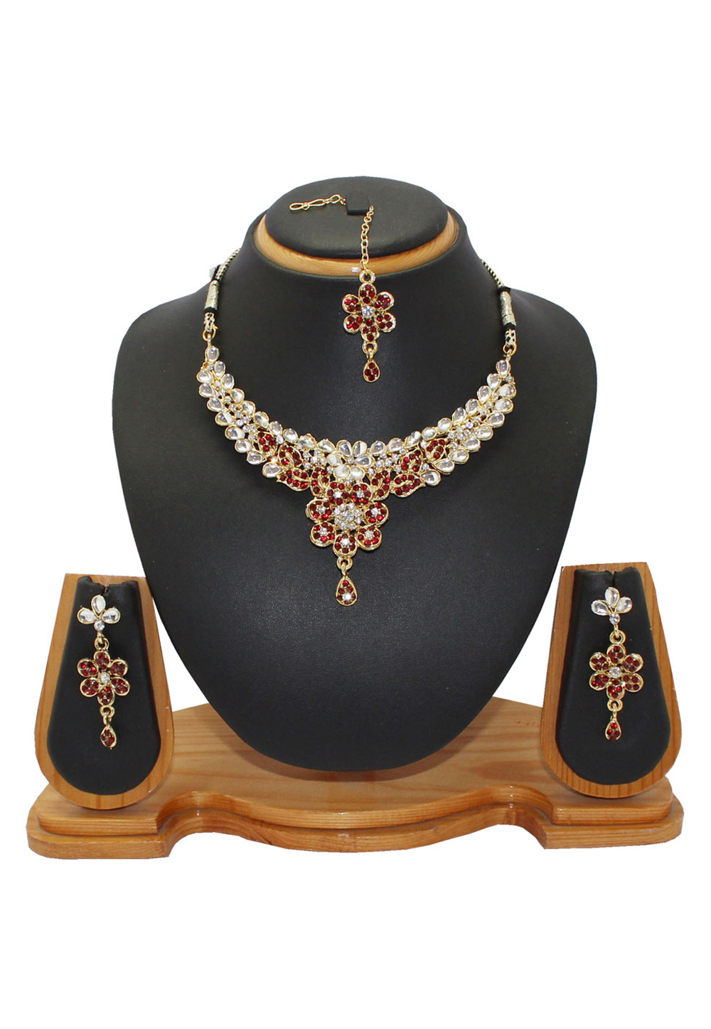 Maroon Alloy Austrian Diamonds Necklace With Earrings and Maang Tikka 64338