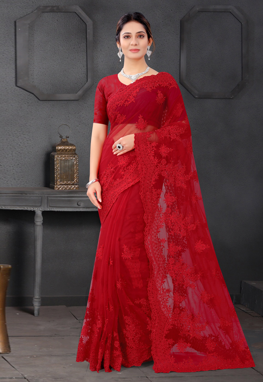 Red Net Saree With Blouse 234277