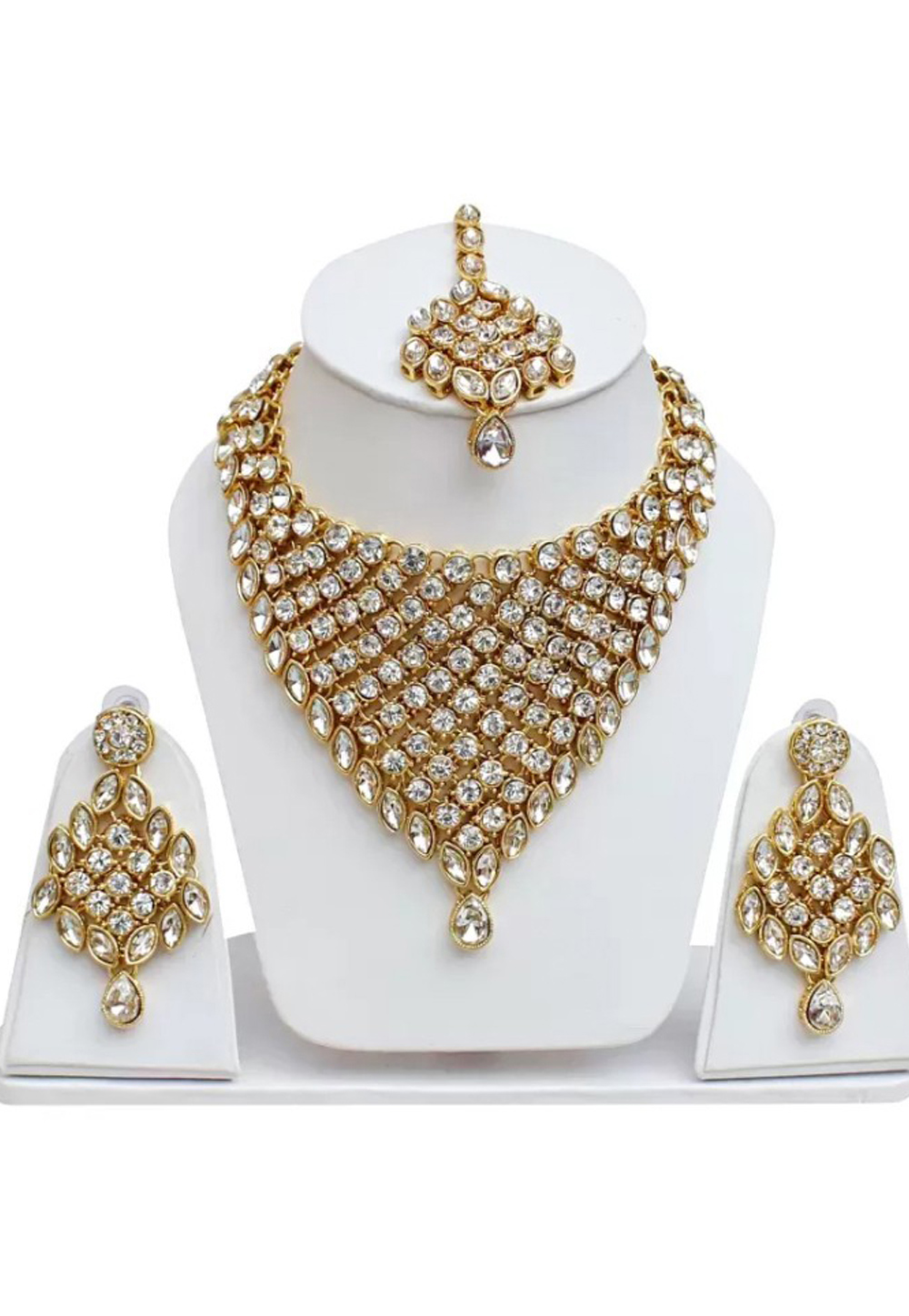 White Alloy Austrian Diamond Necklace Set Earrings 191661