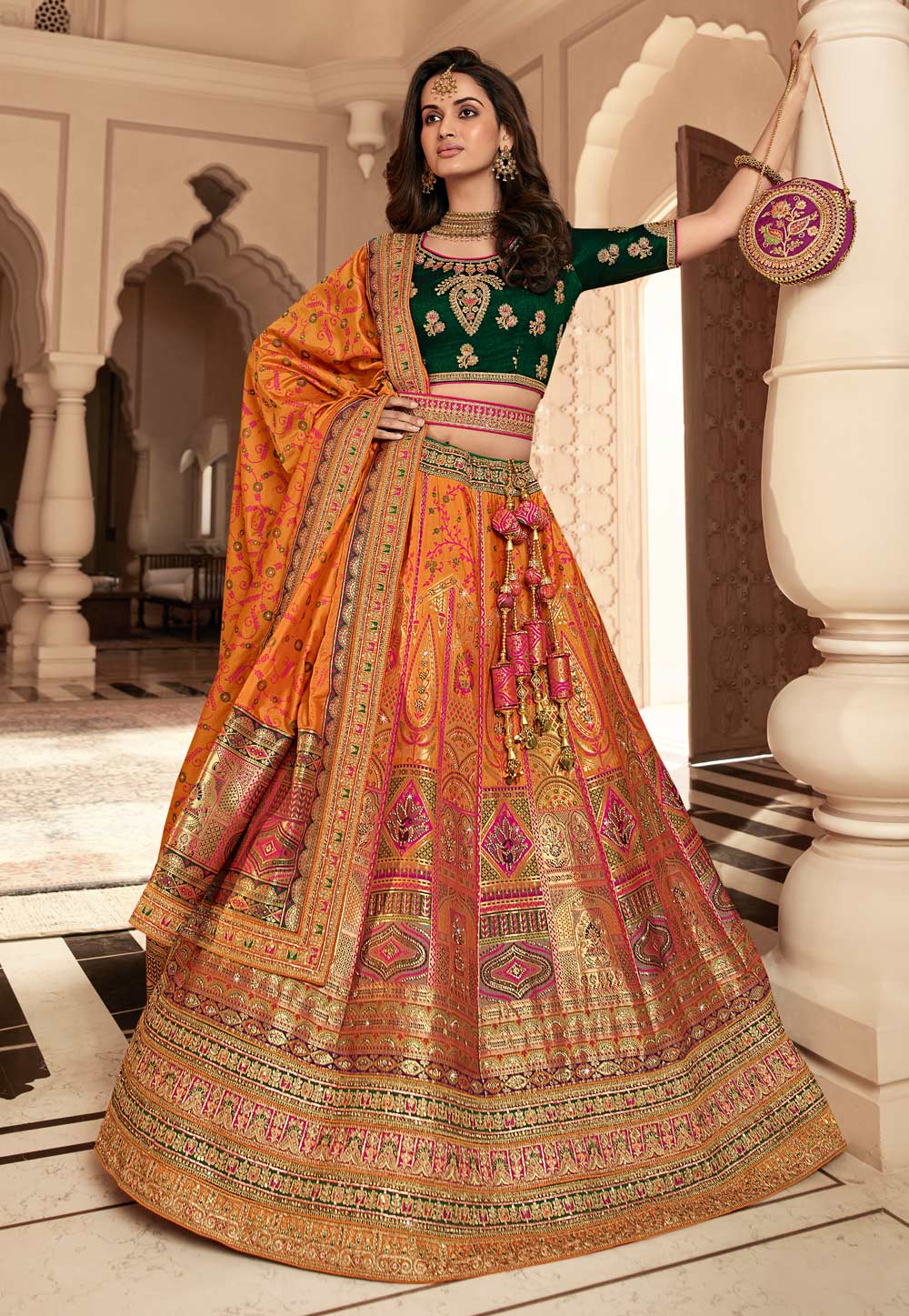 Orange Banarasi Silk Circular Lehenga Choli 260128