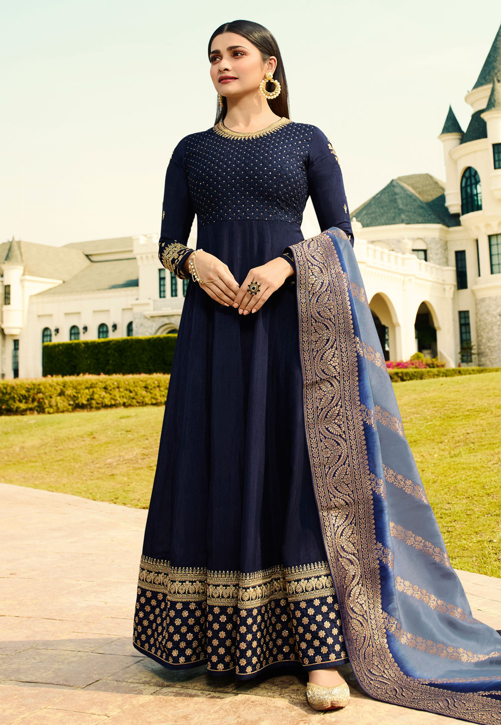 Prachi Desai Navy Blue Silk Embroidered Ankle Length Anarkali Suit 166598