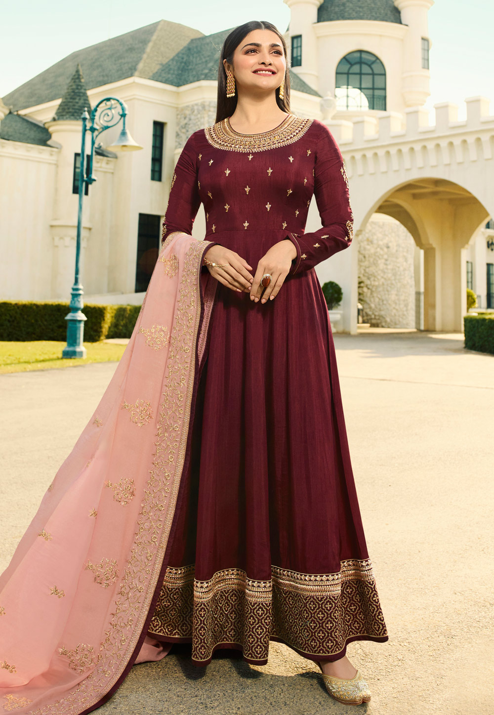Prachi Desai Wine Silk Embroidered Ankle Length Anarkali Suit 166600
