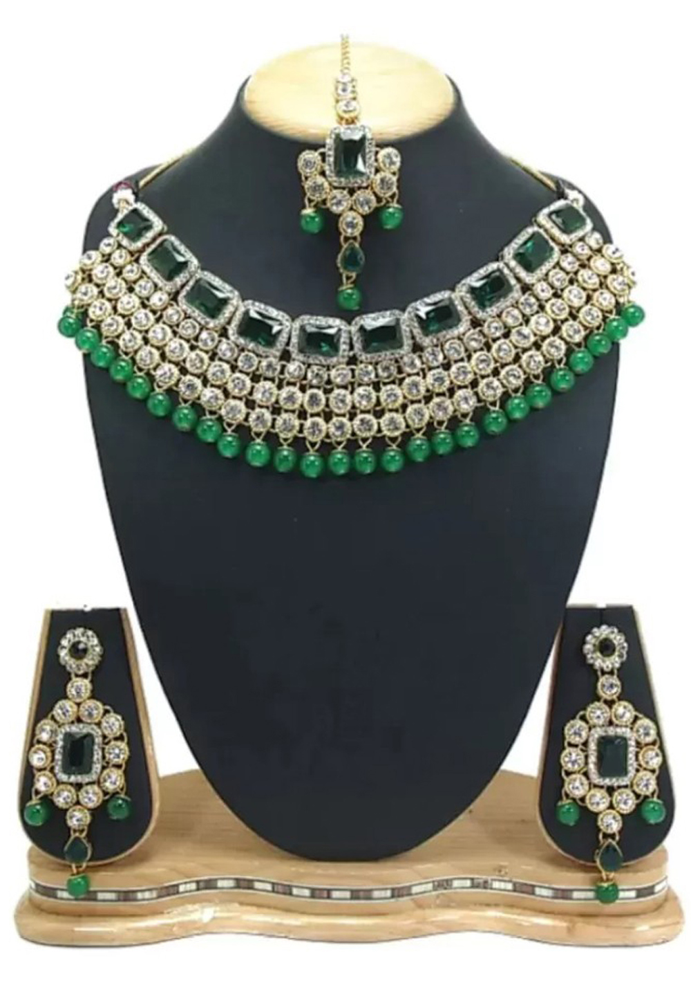 Green Alloy Austrian Diamond Necklace Set Earrings 191666