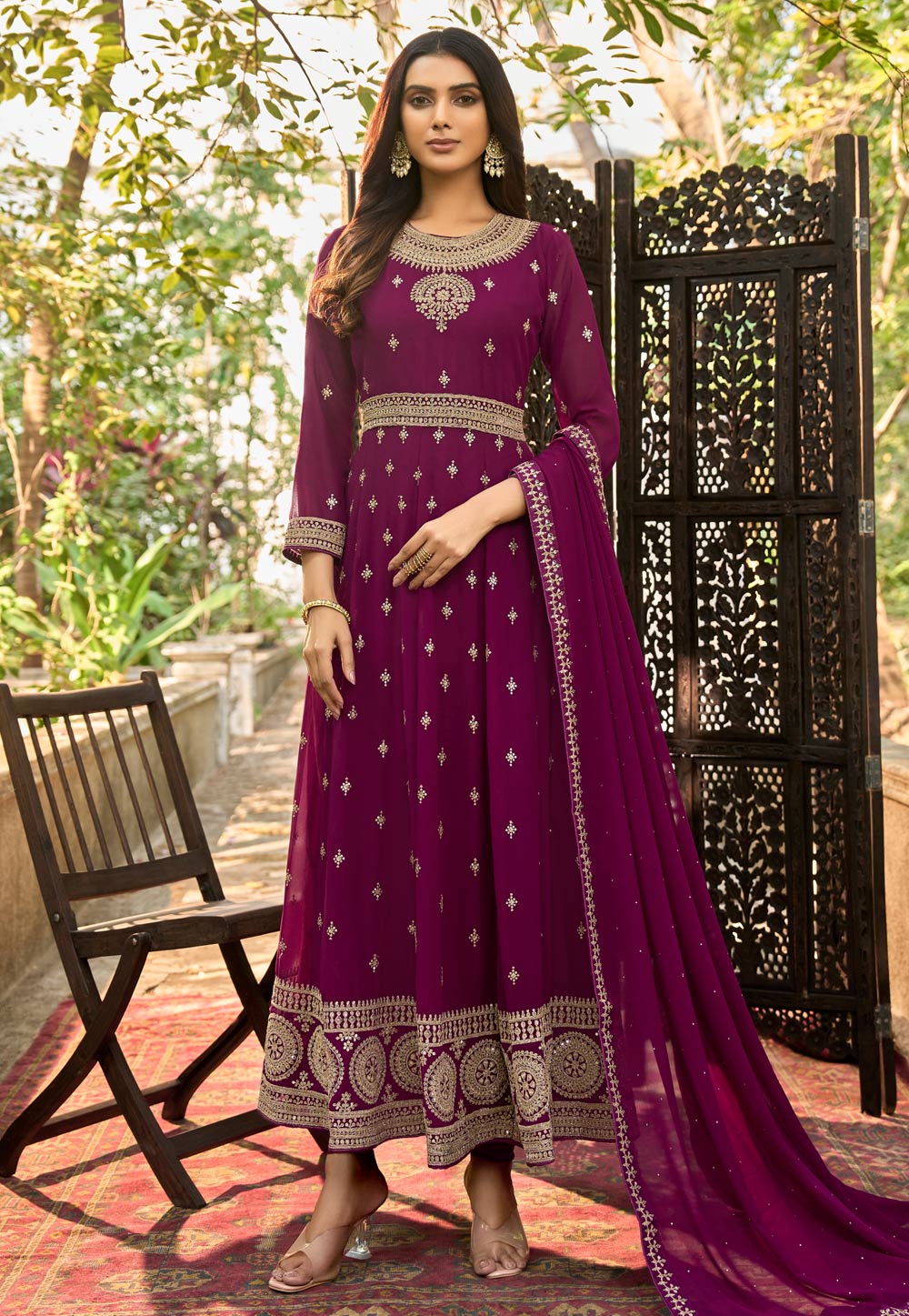 Purple Faux Georgette Abaya Style Anarkali Suit 258827