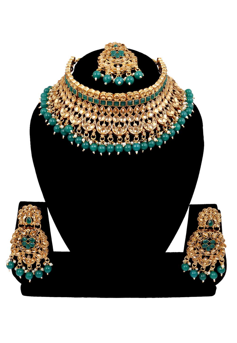 Green Alloy Austrian Diamonds and Kundan Necklace Set With Earrings and Maang Tikka 272611