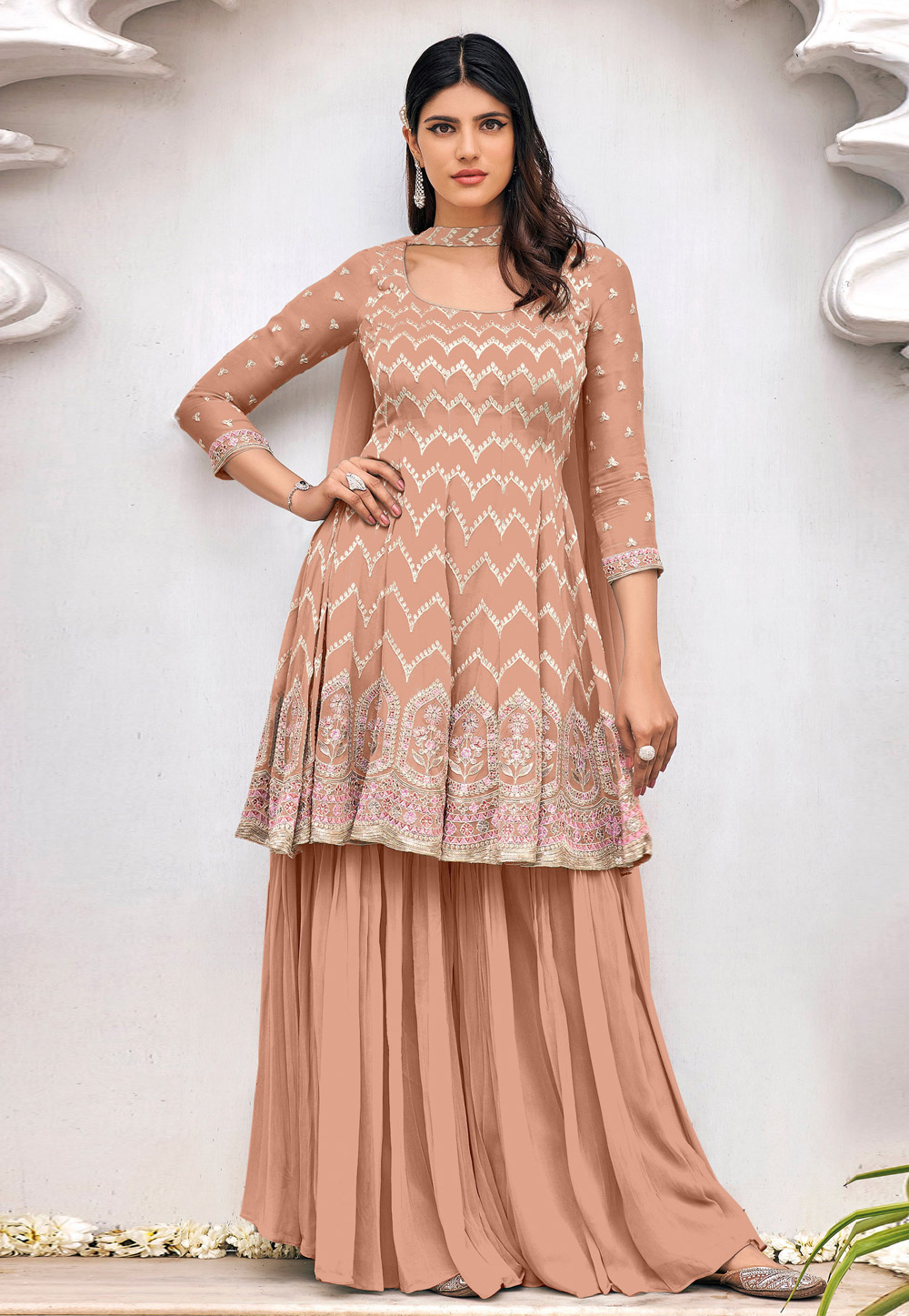 Peach Georgette Palazzo Suit 255499