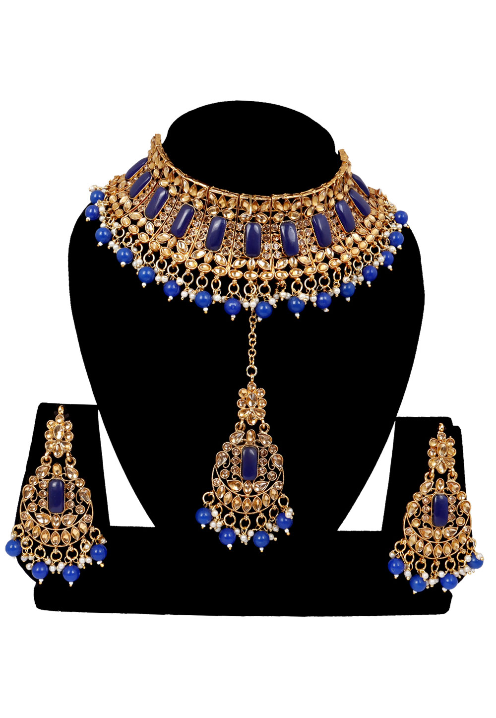 Blue Alloy Austrian Diamonds and Kundan Necklace Set With Earrings and Maang Tikka 272612