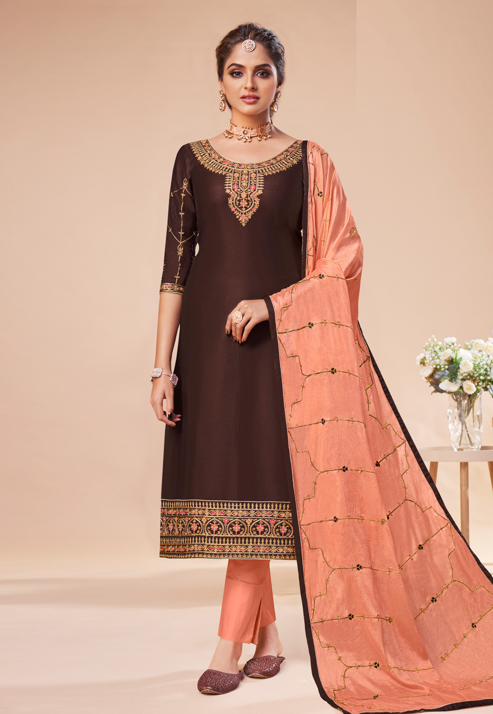Brown Silk Pant Style Suit 218429