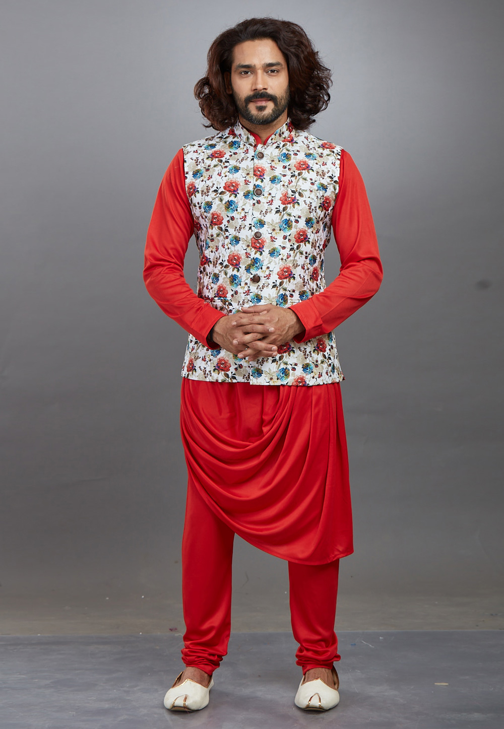 Red Lycra Readymade Kurta Pajama With Jacket 208556