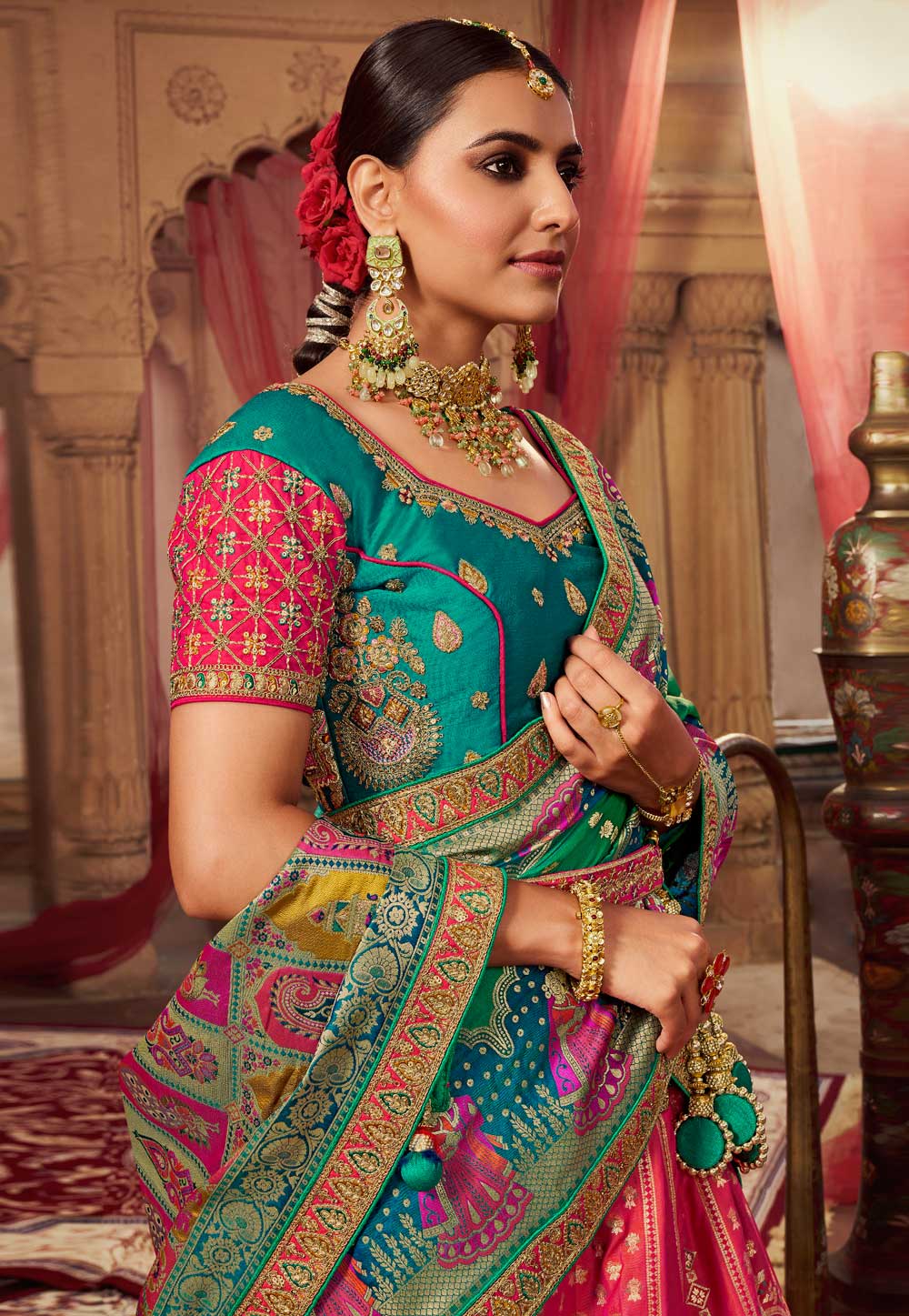 Saree | Buy Lime Green And Pink Traditional Embroidered Banarasi Silk Saree