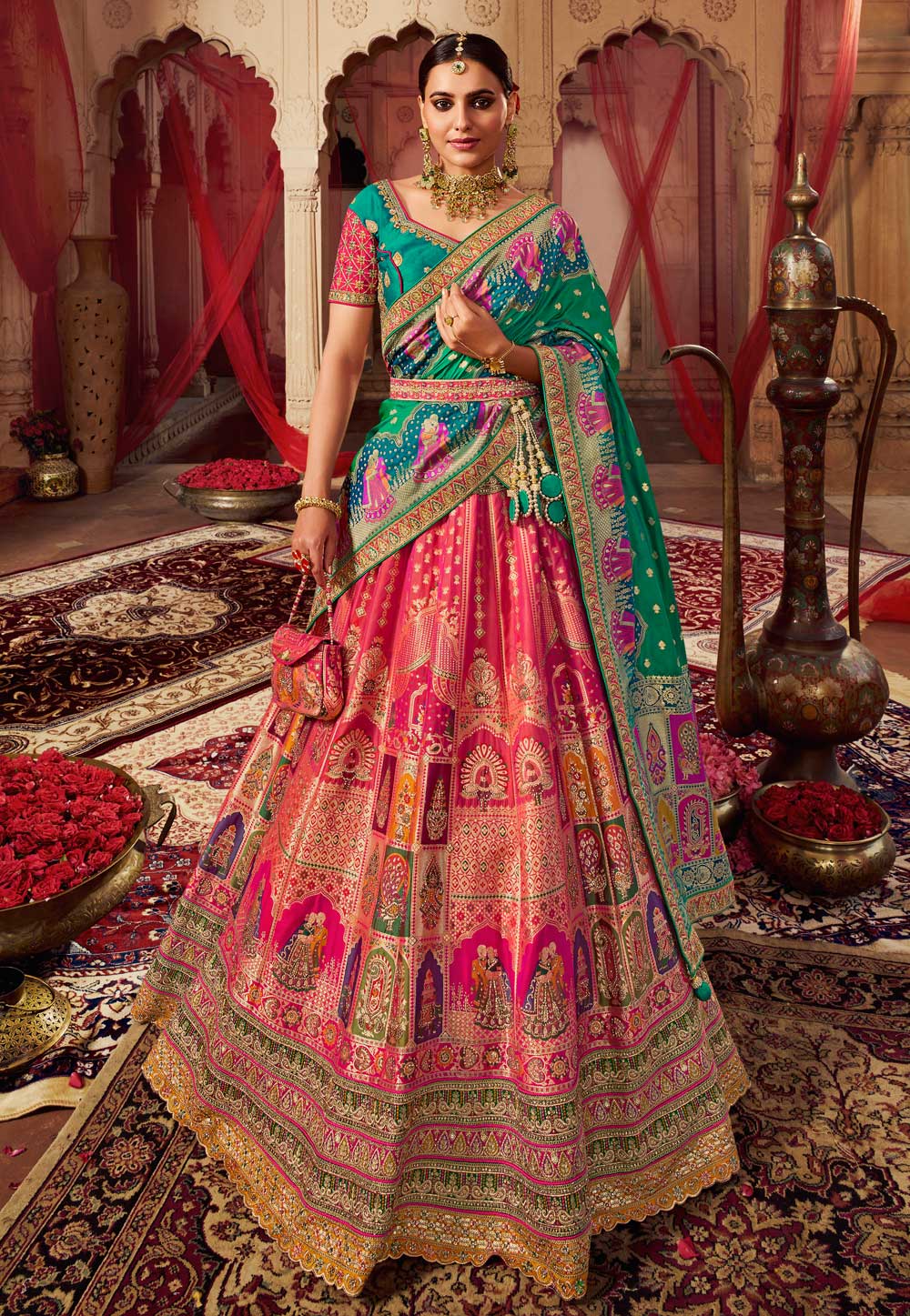 Buy Pink-Yellow Colored Wedding Wear Embroidered Mulberry Silk Lehenga  Choli Online