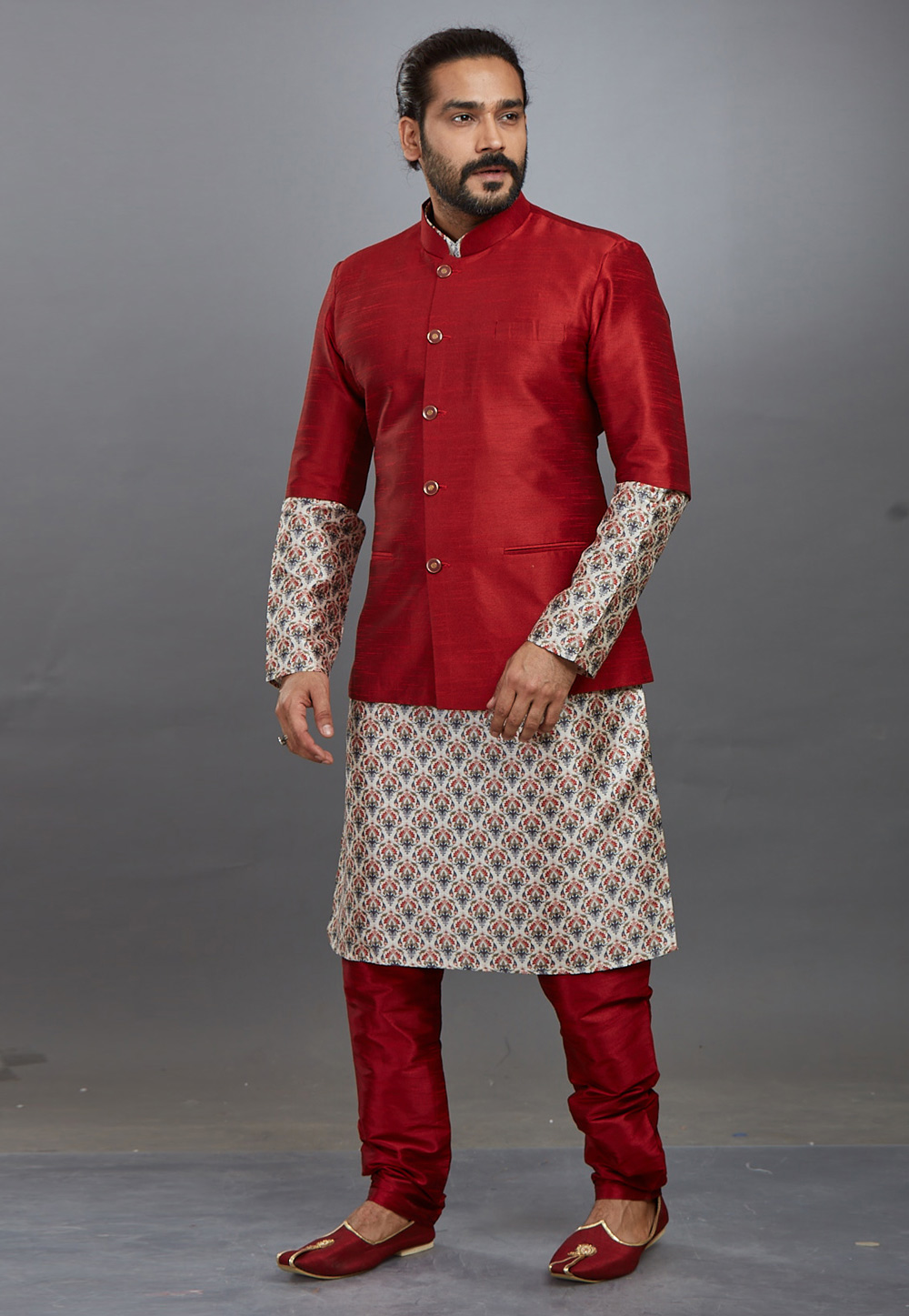 Red Jacquard Readymade Kurta Pajama With Jacket 208566