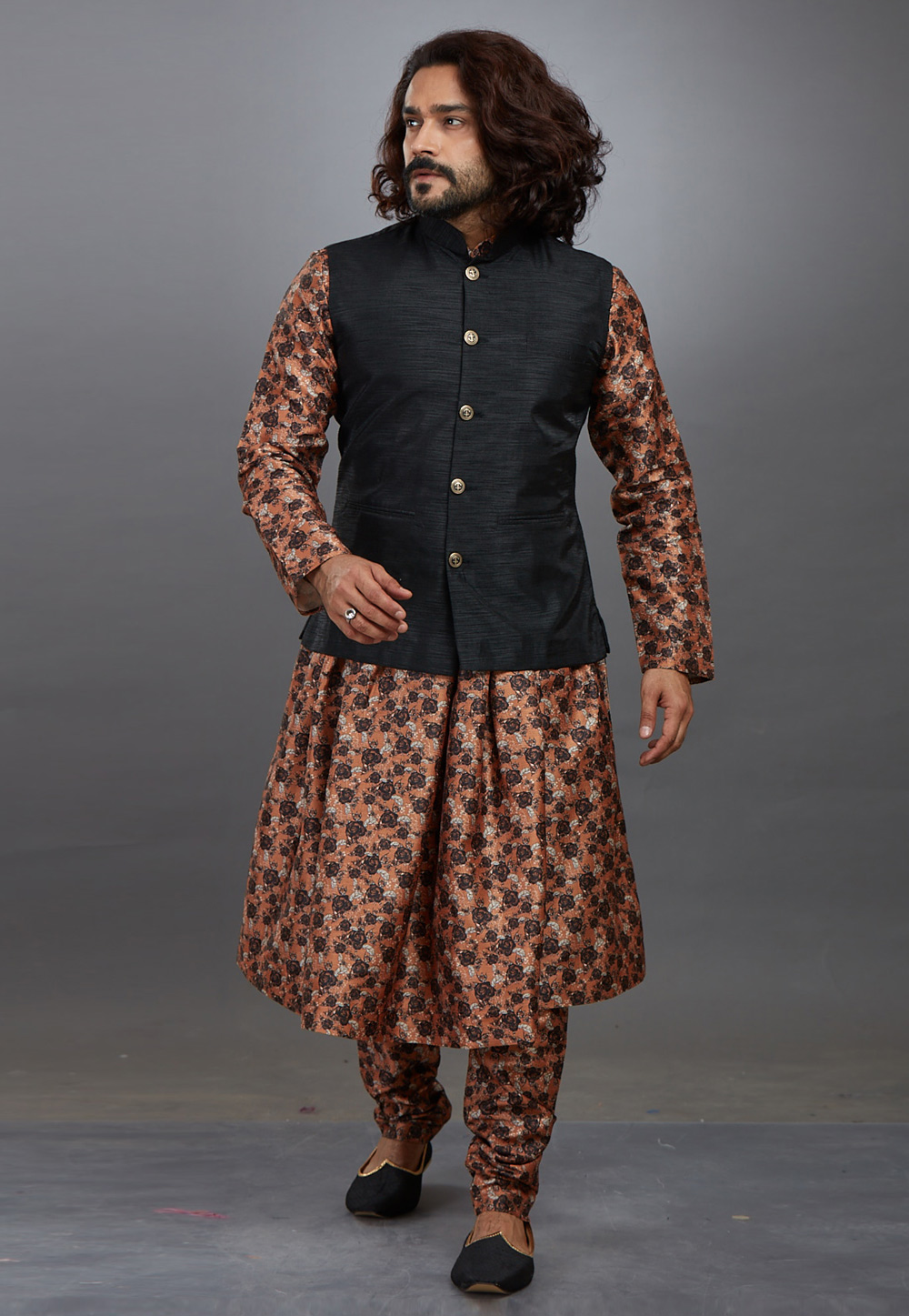 Peach Jacquard Readymade Anarkali Style Kurta Pajama With Jacket 208568