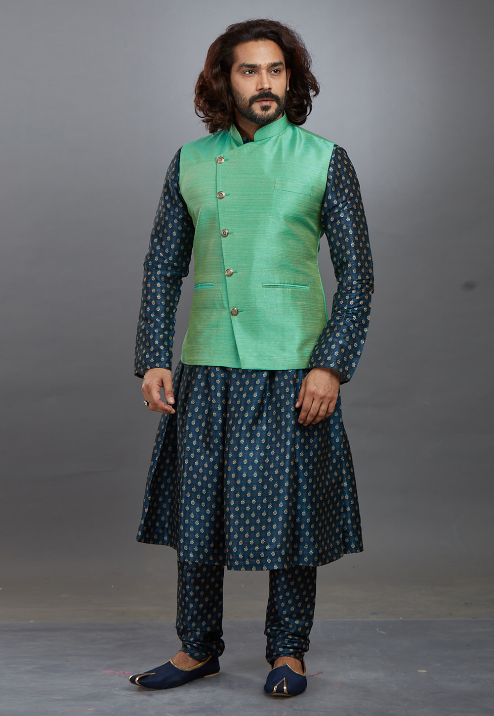 Blue Silk Readymade Anarkali Style Kurta Pajama With Jacket 208569