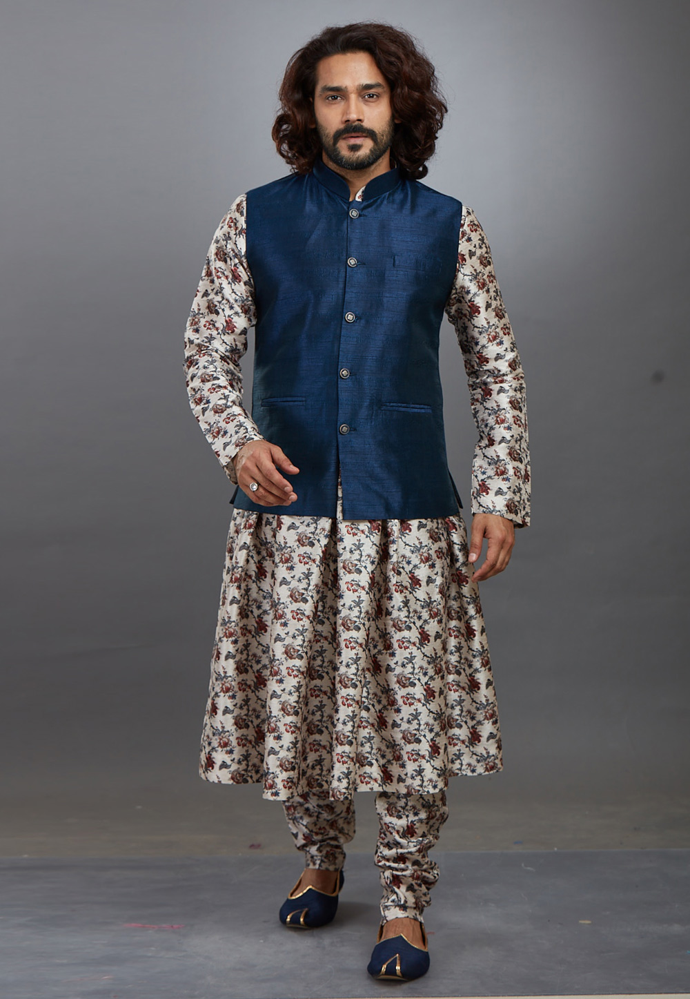 Off White Jacquard Readymade Anarkali Style Kurta Pajama With Jacket 208570