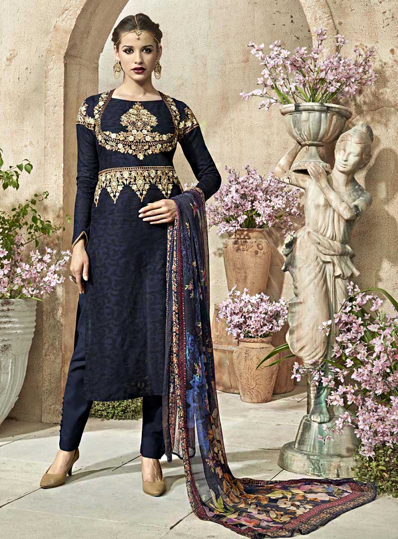 Navy Blue Cotton Jacquard Pakistani Style Suit 69873