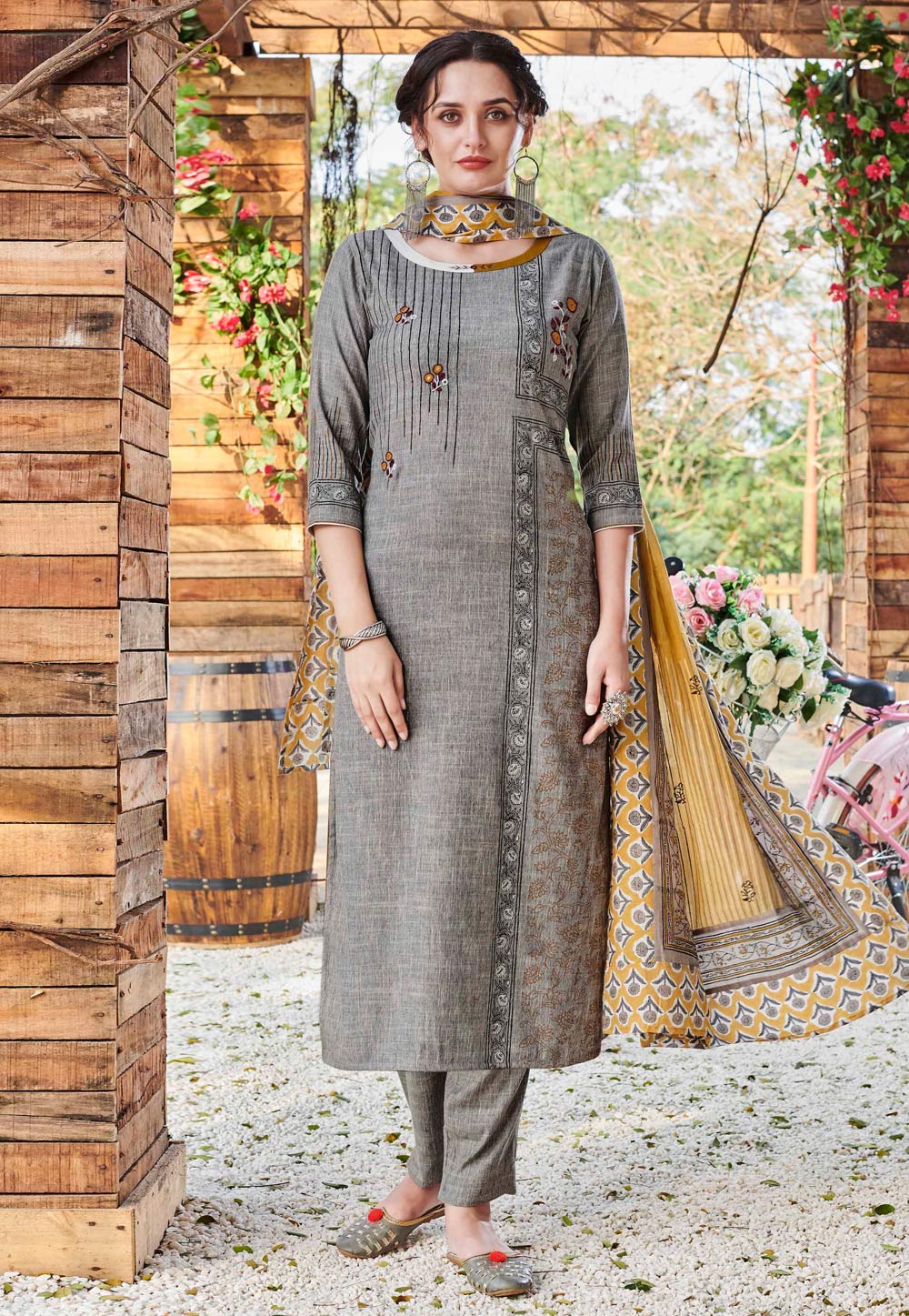 Grey Rayon Readymade Pant Style Suit 208527